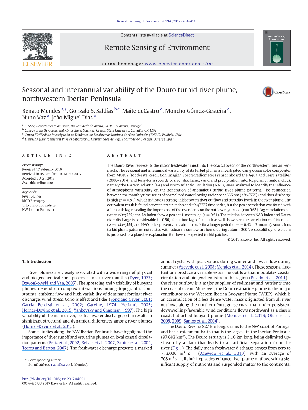 Seasonal and Interannual Variability of the Douro Turbid River Plume, Northwestern Iberian Peninsula