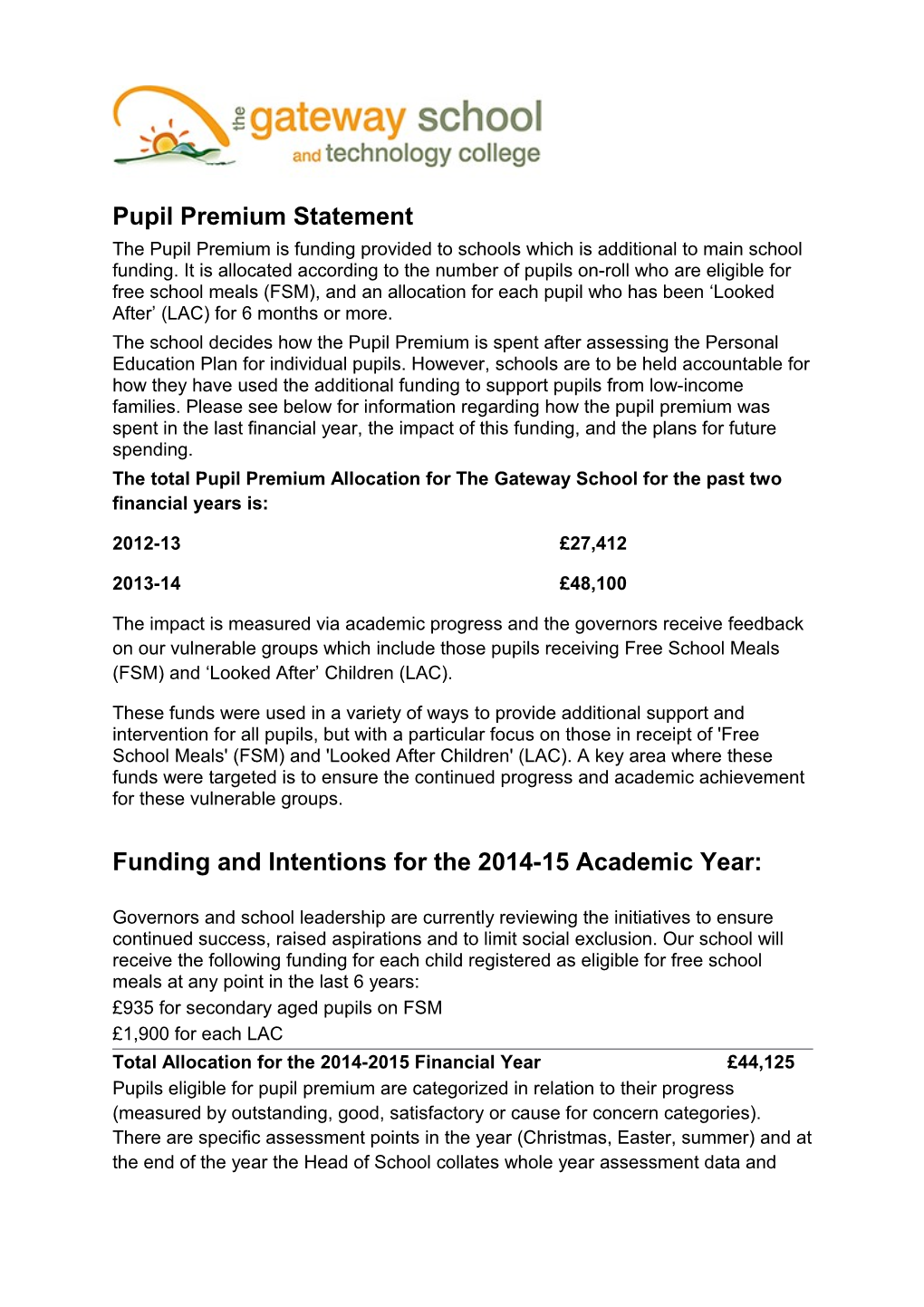 Pupil Premium Statement