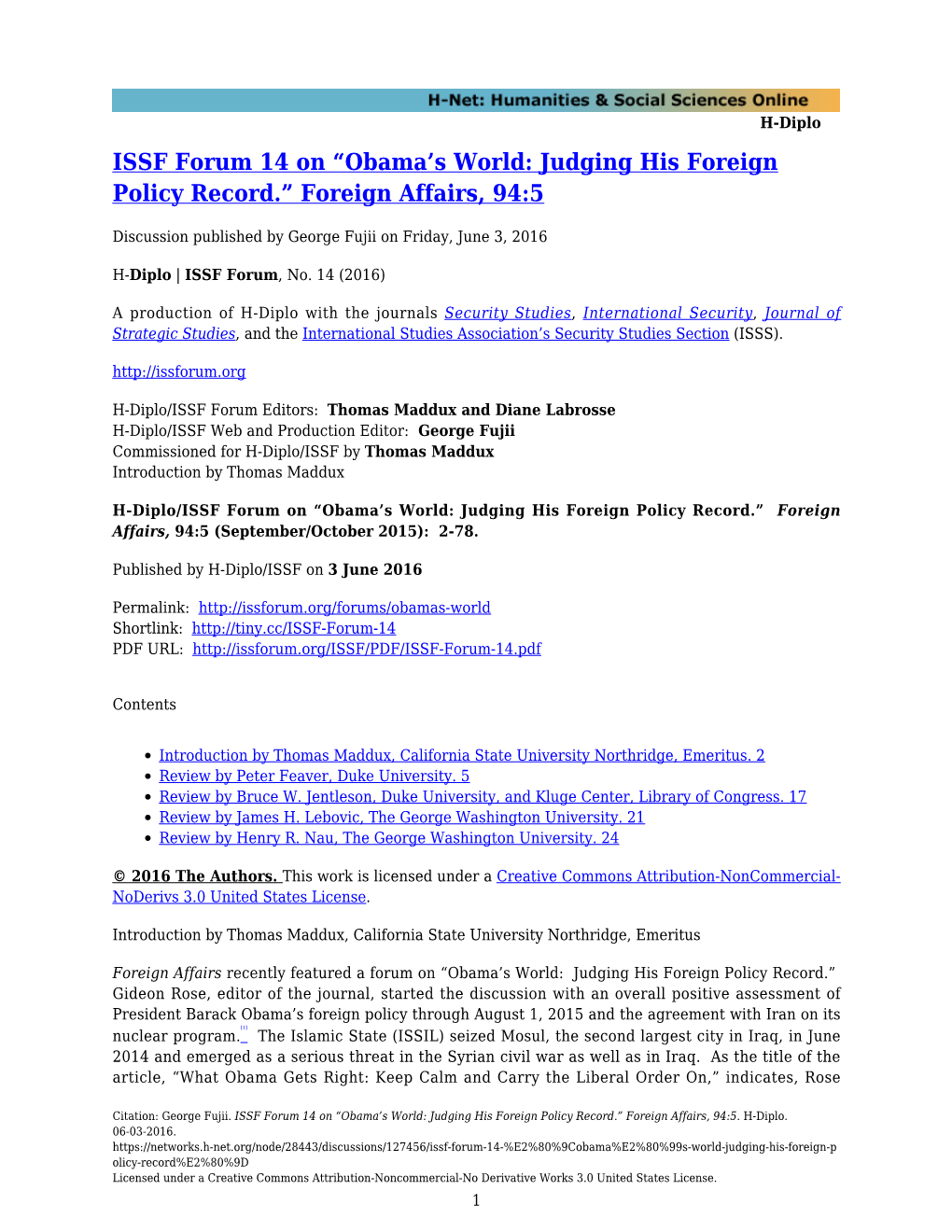 ISSF Forum 14 on “Obama's World: Judging His Foreign