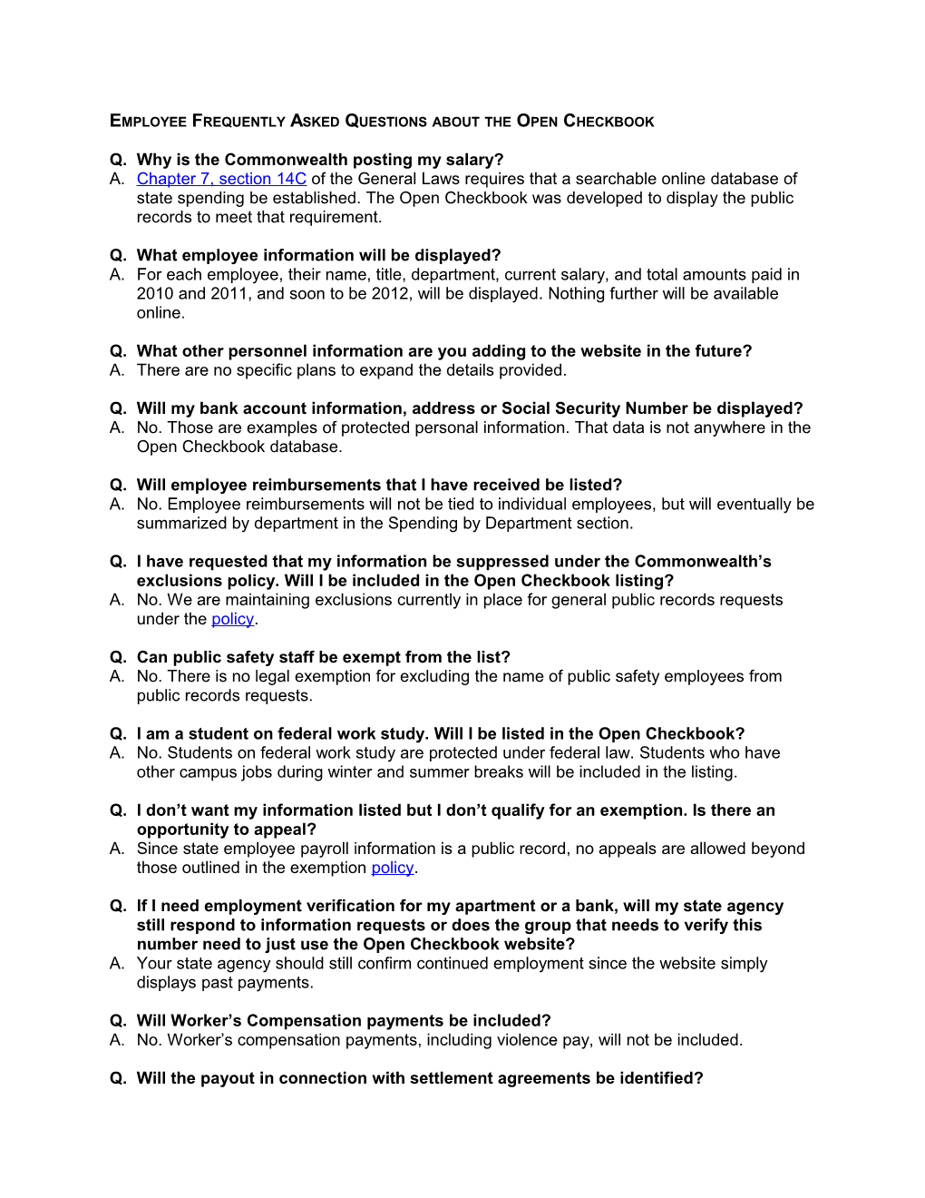 Employee Frequently Asked Questions About The Open Checkbook