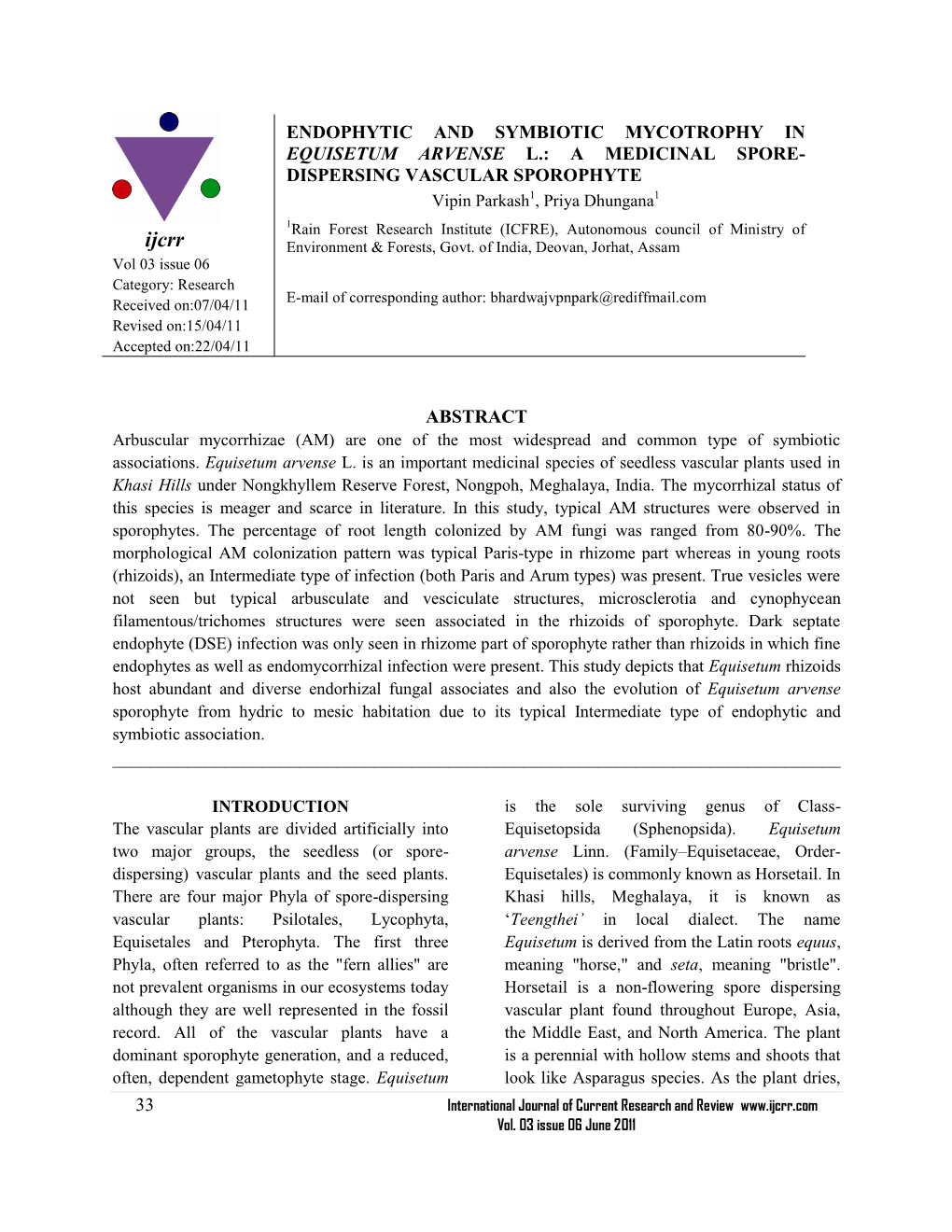 Endophytic and Symbiotic Mycotrophy in Equisetum Arvense L.: a Medicinal Spore- Dispersing Vascular Sporophyte