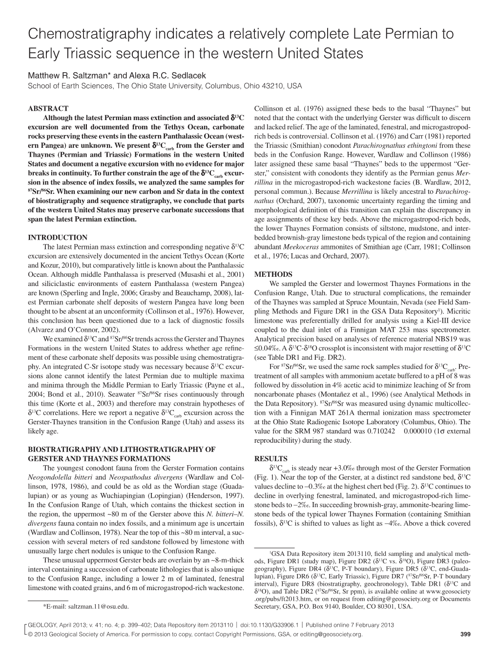 Chemostratigraphy Indicates a Relatively Complete Late Permian to Early Triassic Sequence in the Western United States