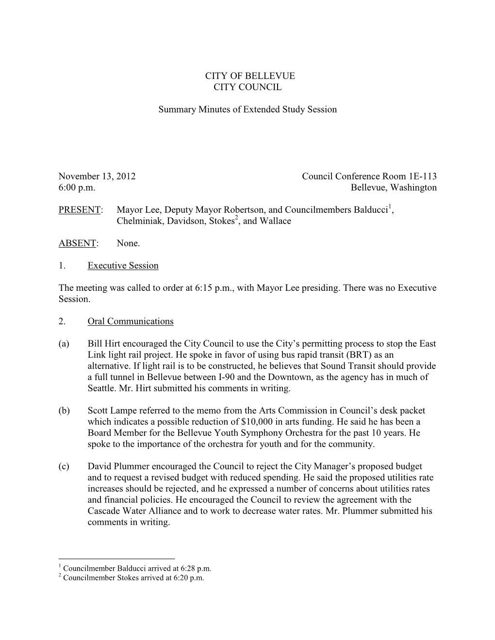 CITY of BELLEVUE CITY COUNCIL Summary Minutes of Extended