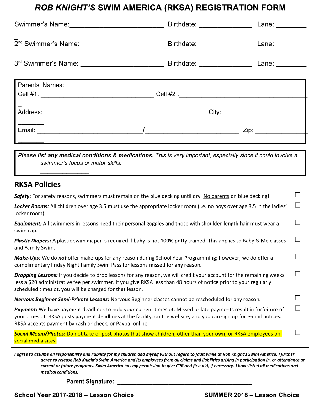 Rob Knight S Swim America Registration Form Summer 2007