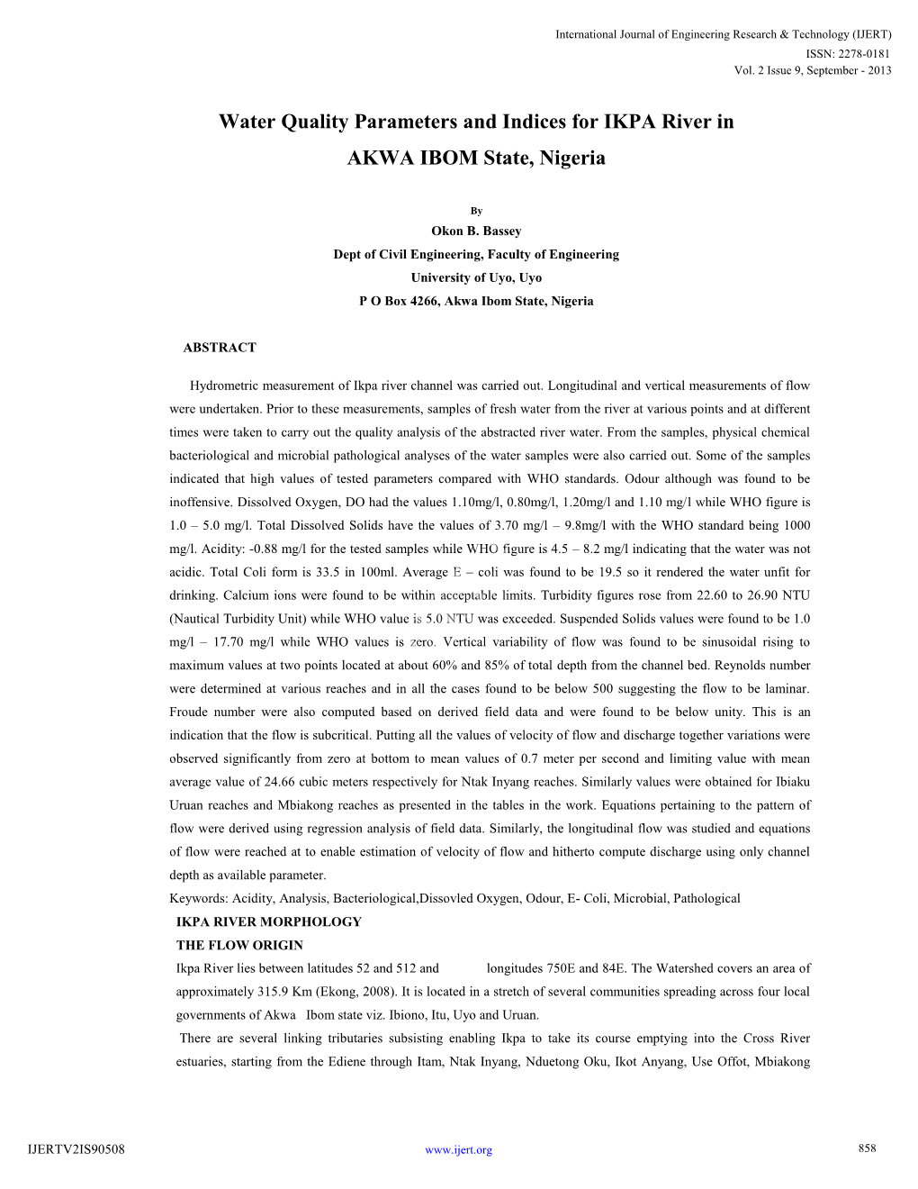 Water Quality Parameters and Indices for IKPA River in AKWA IBOM State