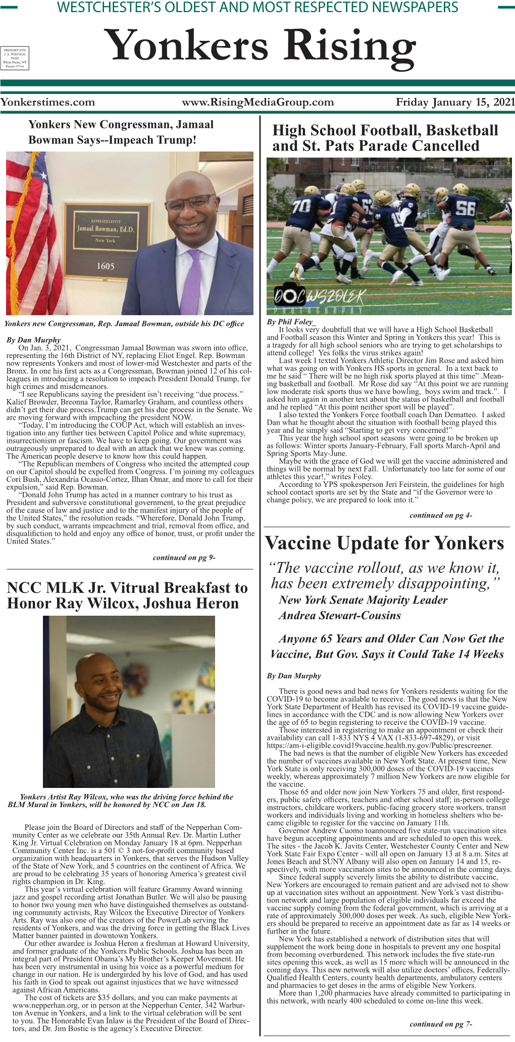 Vaccine Update for Yonkers Continued on Pg 9- ______“The Vaccine Rollout, As We Know It, NCC MLK Jr