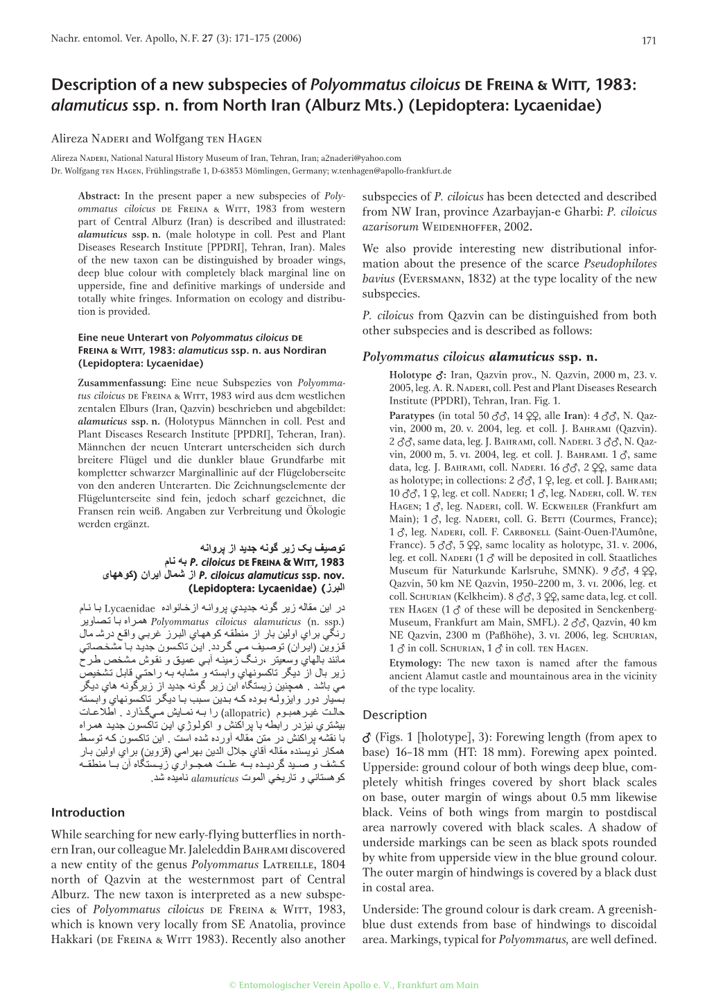 Description of a New Subspecies of Polyommatus Ciloicus De Freina & Witt, 1983: Alamuticus Ssp