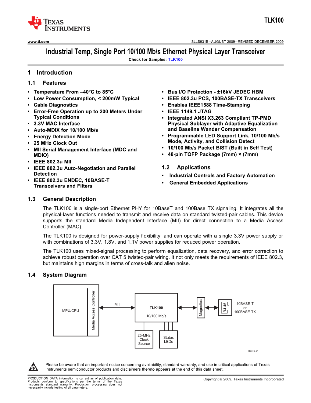 Industrial Ethernet PHY Datasheet