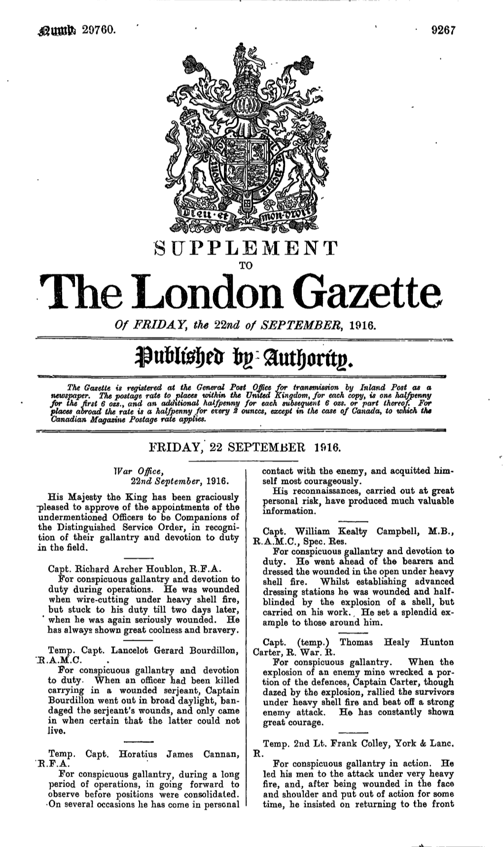 The London Gazette of FRIDAY, the 22Nd of SEPTEMBER, 1916