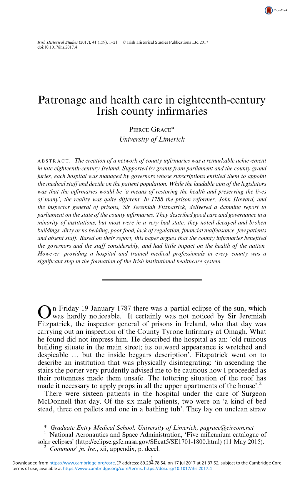Patronage and Health Care in Eighteenth-Century Irish County Inﬁrmaries