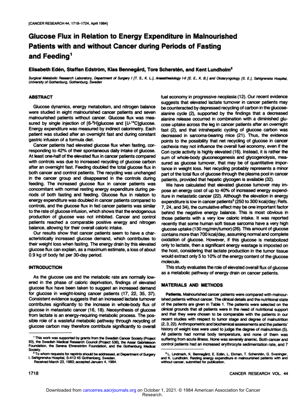 Glucose Flux in Relation to Energy Expenditure in Malnourished Patients with and Without Cancer During Periods of Fasting and Feeding1