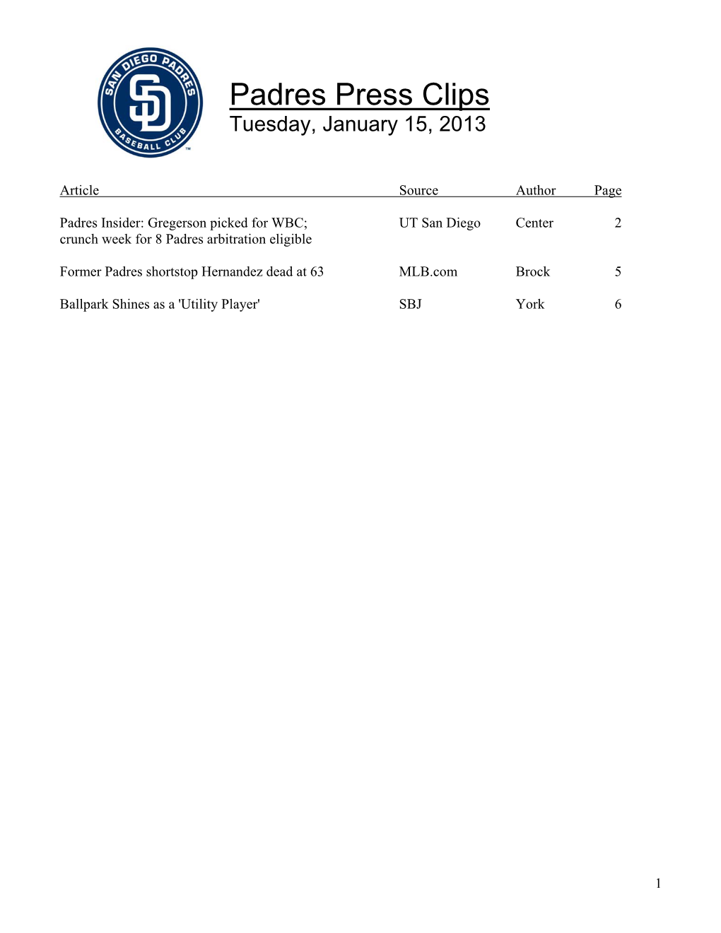 Padres Press Clips Tuesday, January 15, 2013