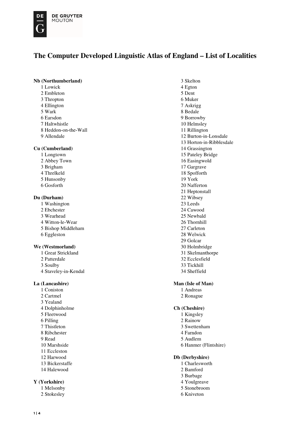 The Computer Developed Linguistic Atlas of England – List of Localities