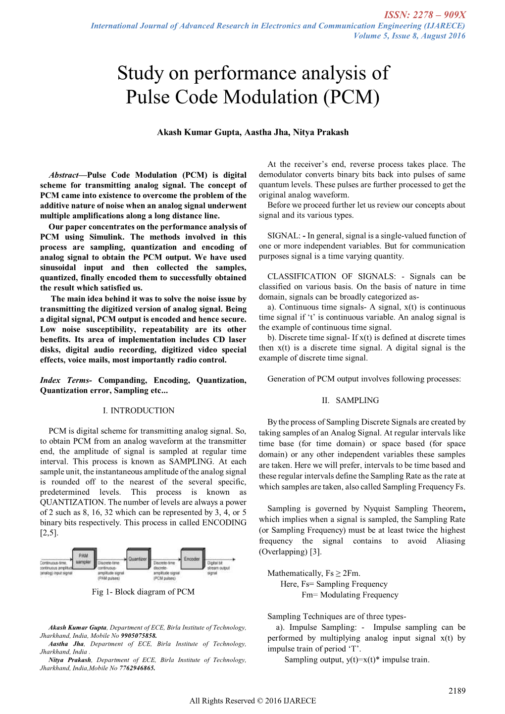 Study on Performance Analysis of Pulse Code Modulation (PCM)