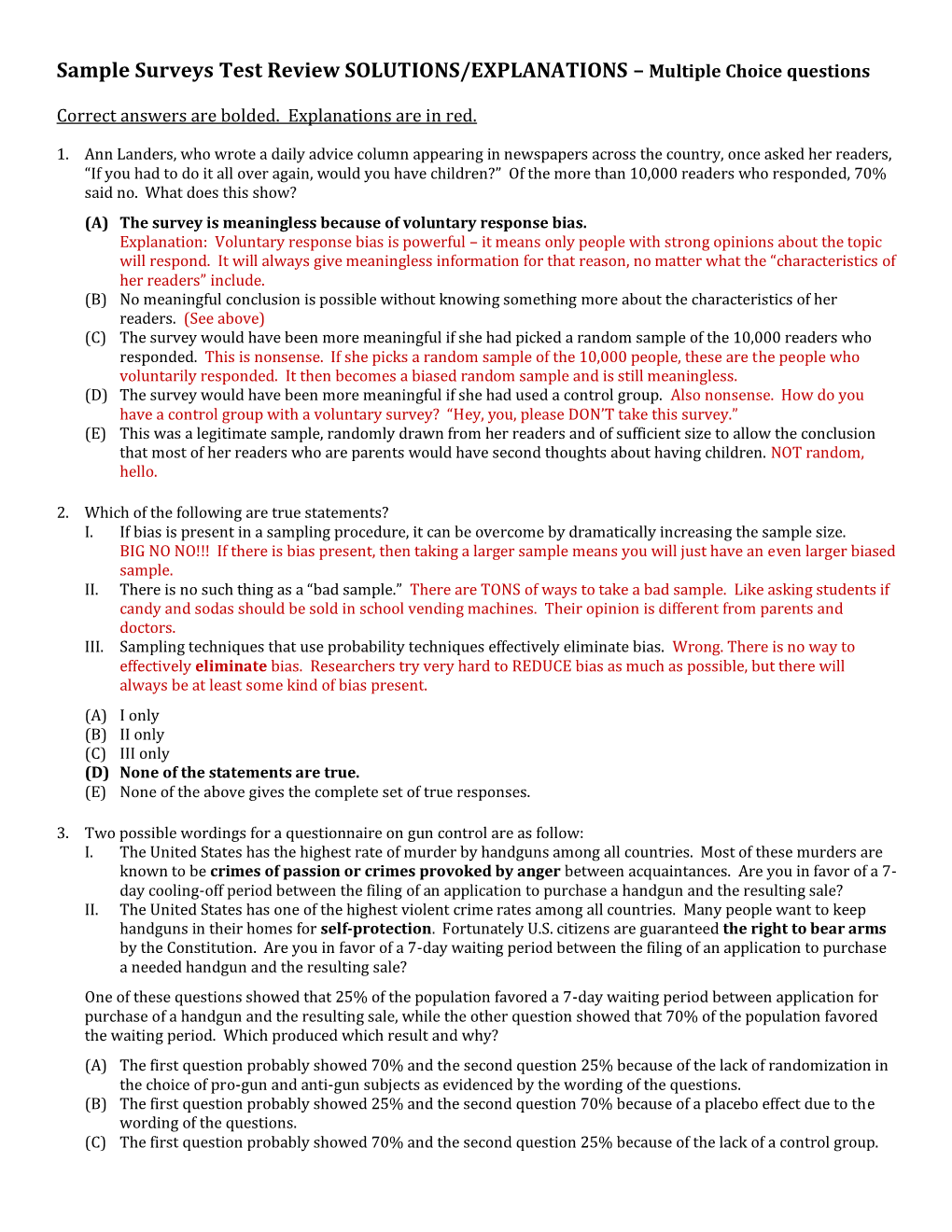 Sample Surveys Test Review SOLUTIONS/EXPLANATIONS – Multiple Choice Questions