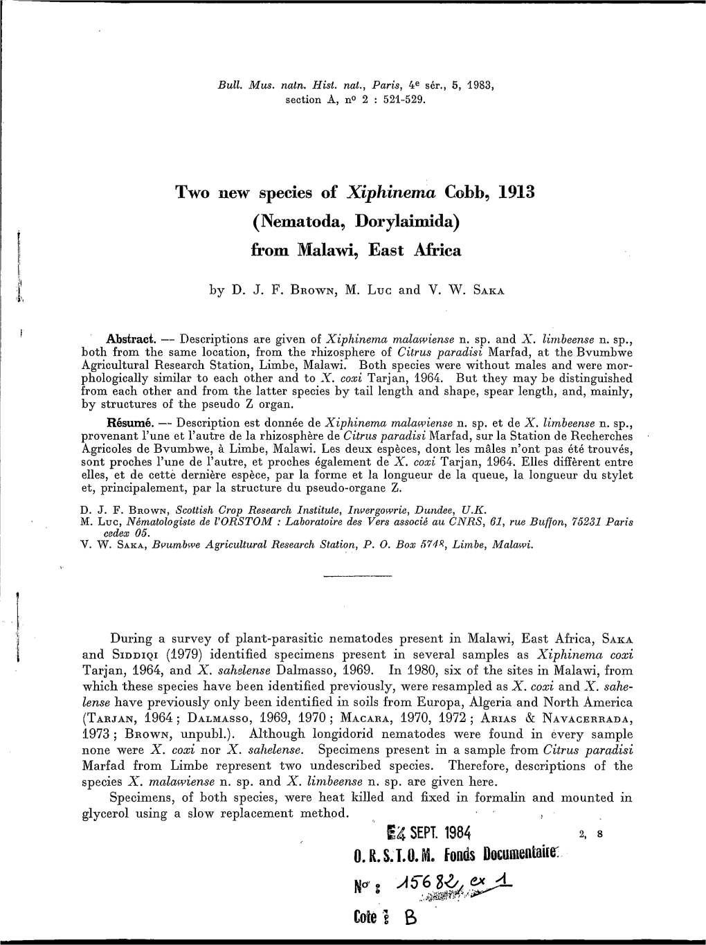Two New Species of Xiphinema Cobb, 1913 (Nematoda, Dorylaimida) From