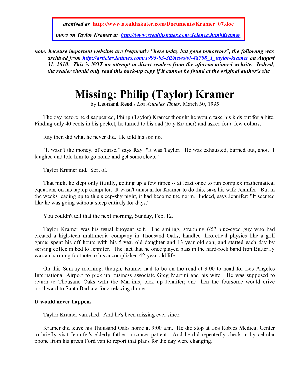 More on Taylor Kramer At