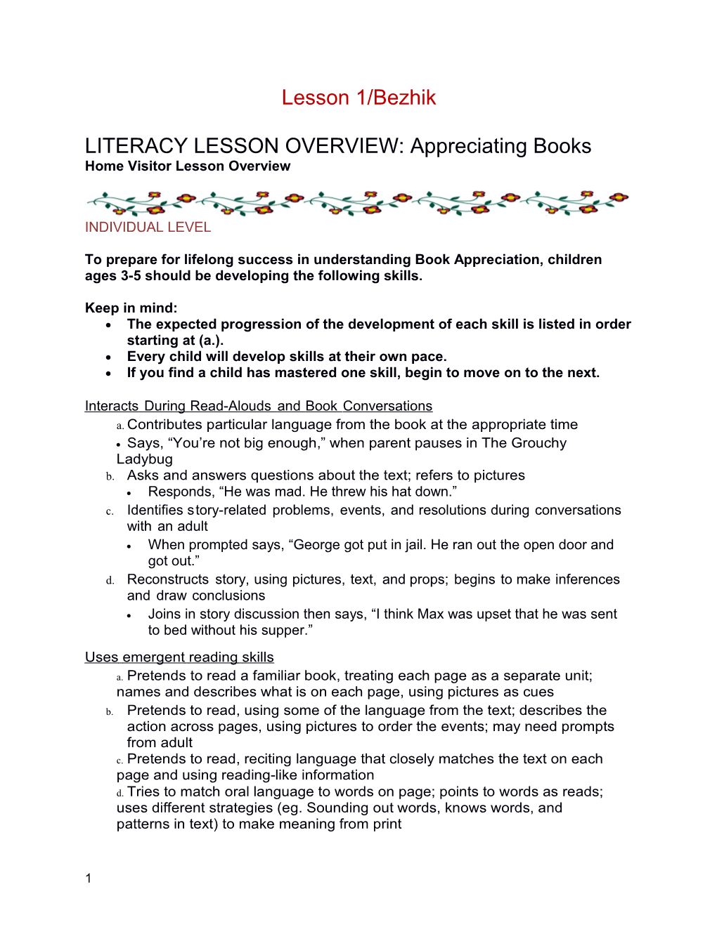 LITERACY LESSON OVERVIEW: Appreciating Books