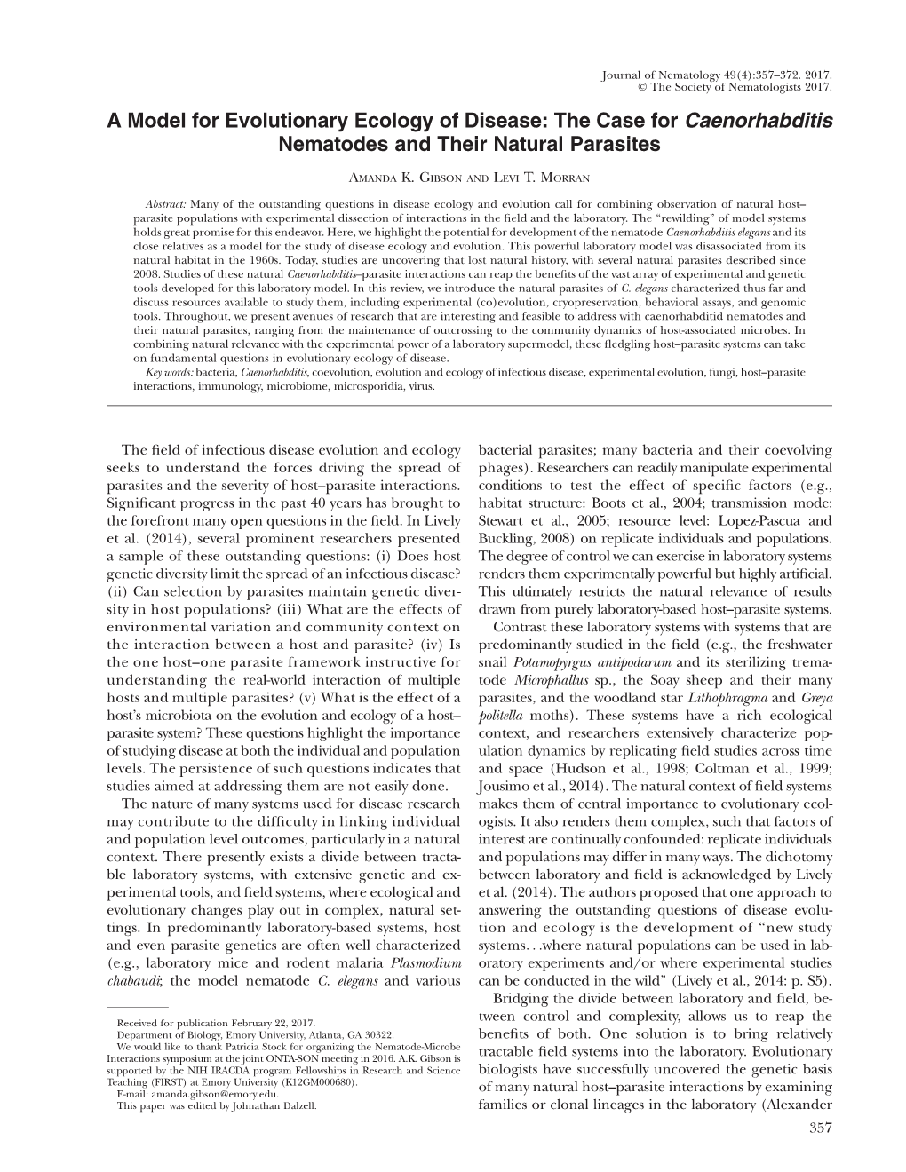 A Model for Evolutionary Ecology of Disease: the Case for Caenorhabditis Nematodes and Their Natural Parasites