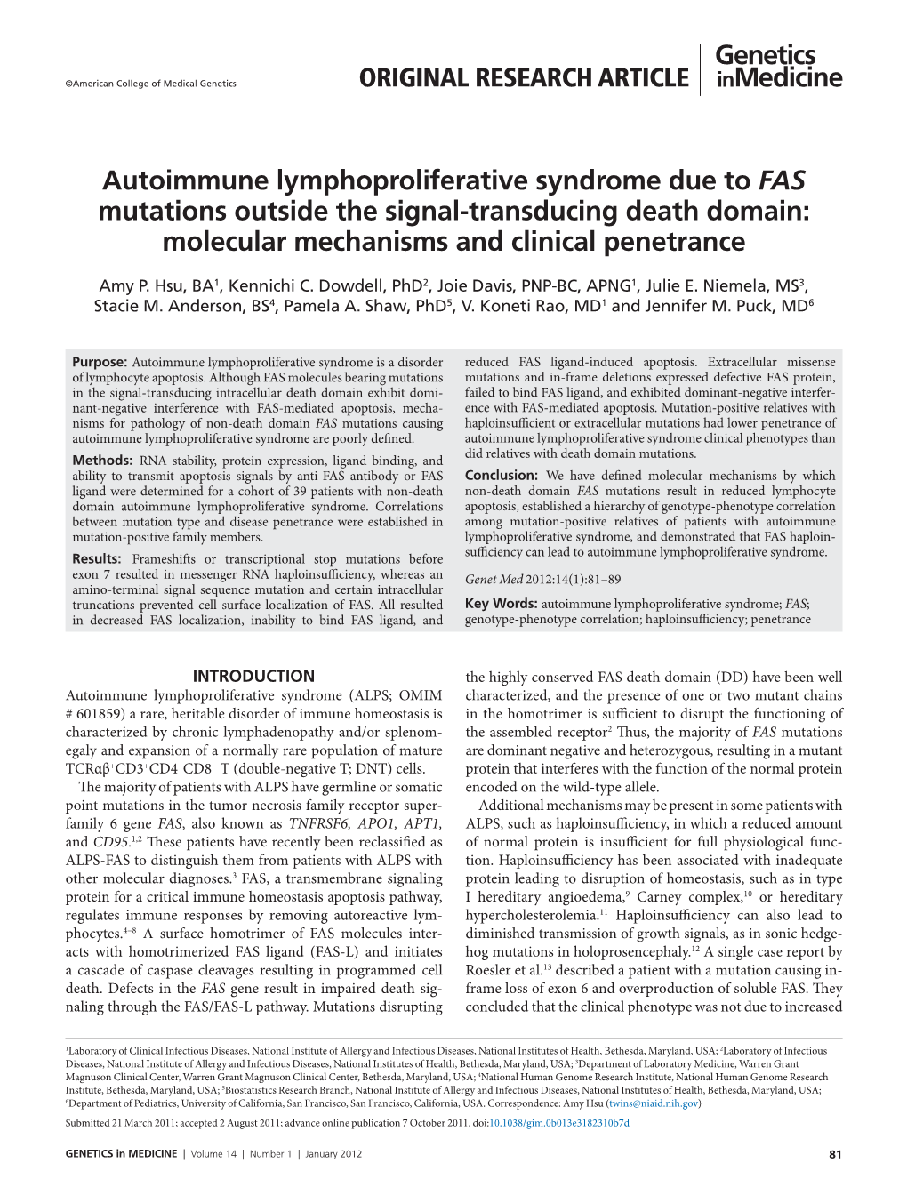 Autoimmune Lymphoproliferative Syndrome Due to FAS Mutations Outside the Signal-Transducing Death Domain: Molecular Mechanisms and Clinical Penetrance