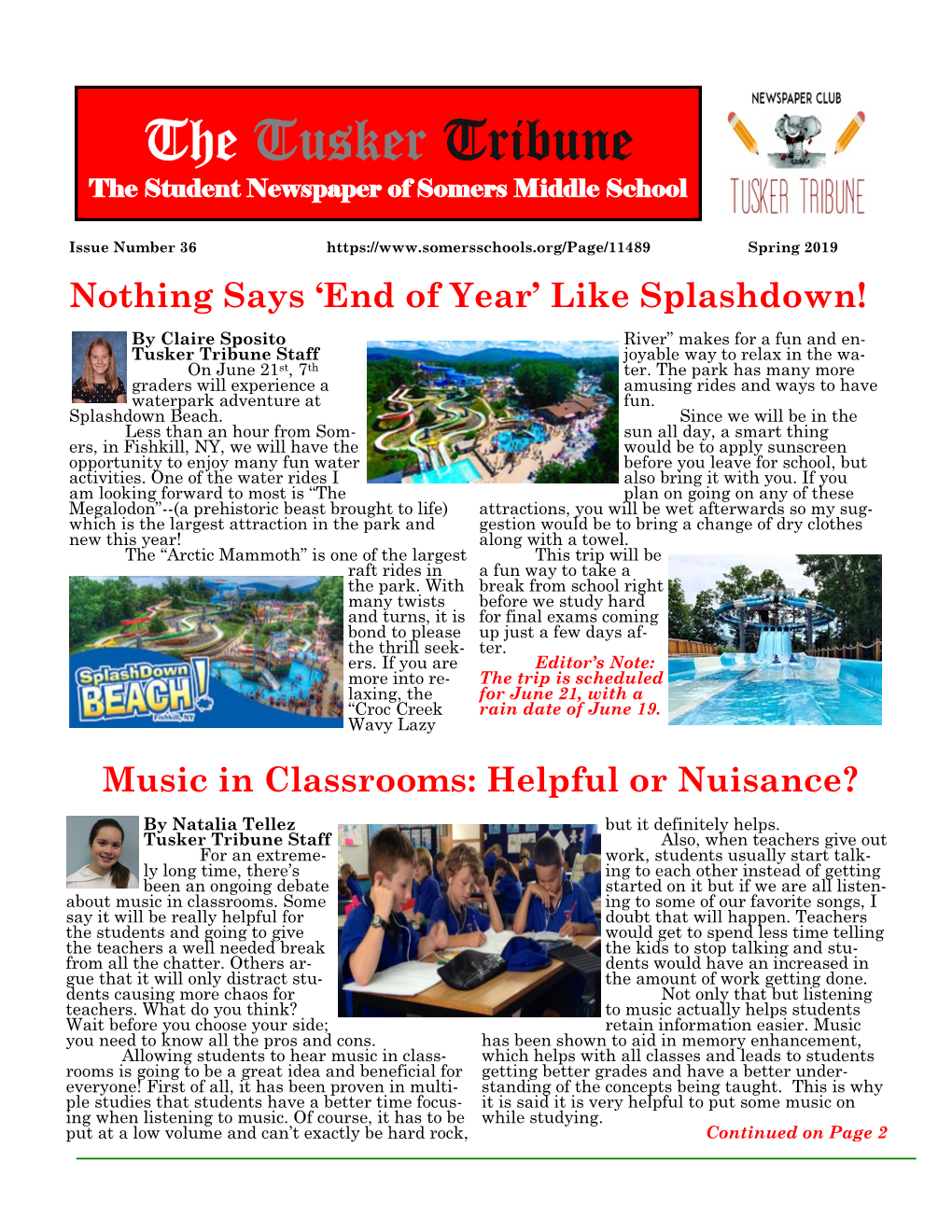 The Tusker Tribune the Student Newspaper of Somers Middle School