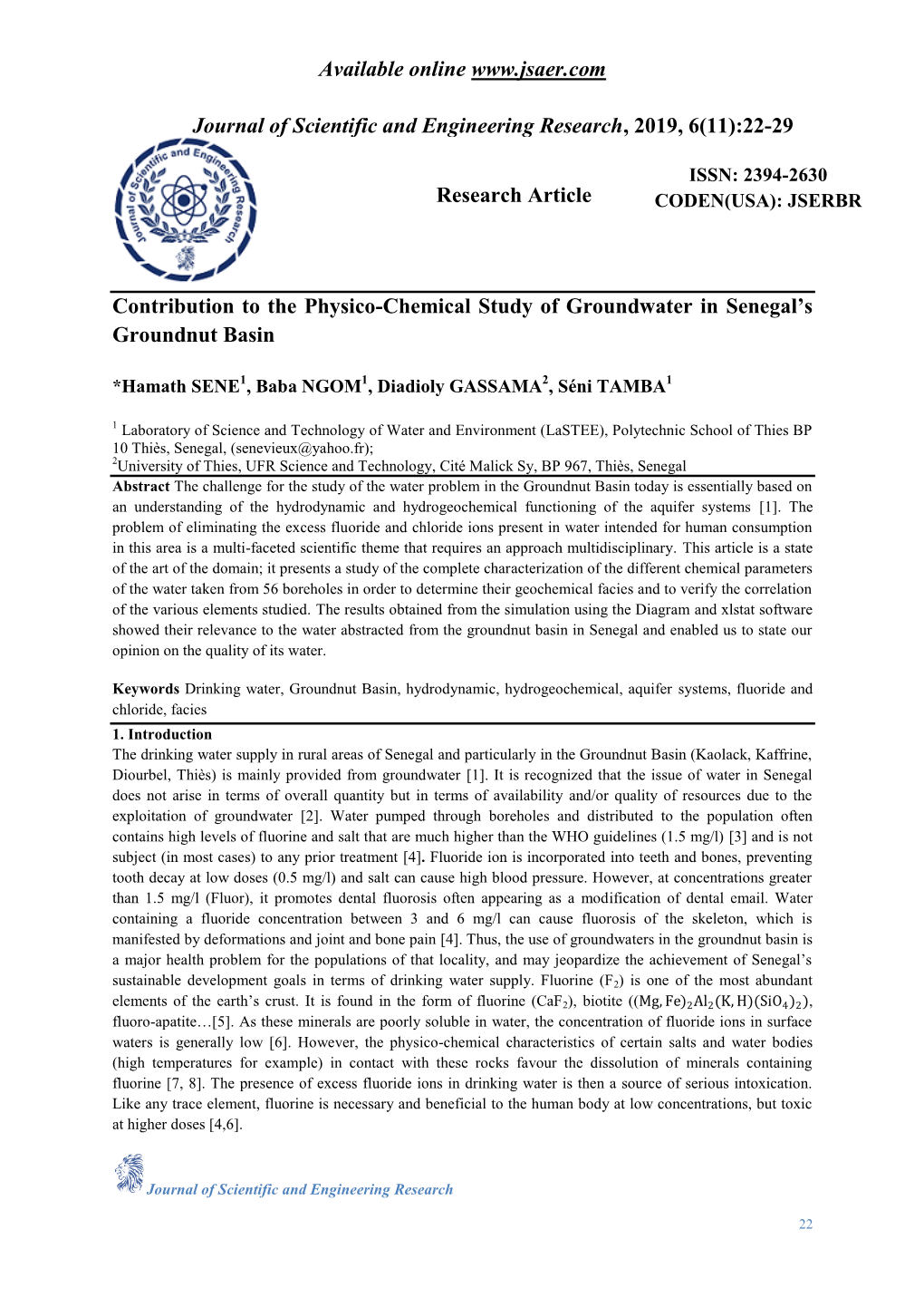 Contribution to the Physico-Chemical Study of Groundwater in Senegal's