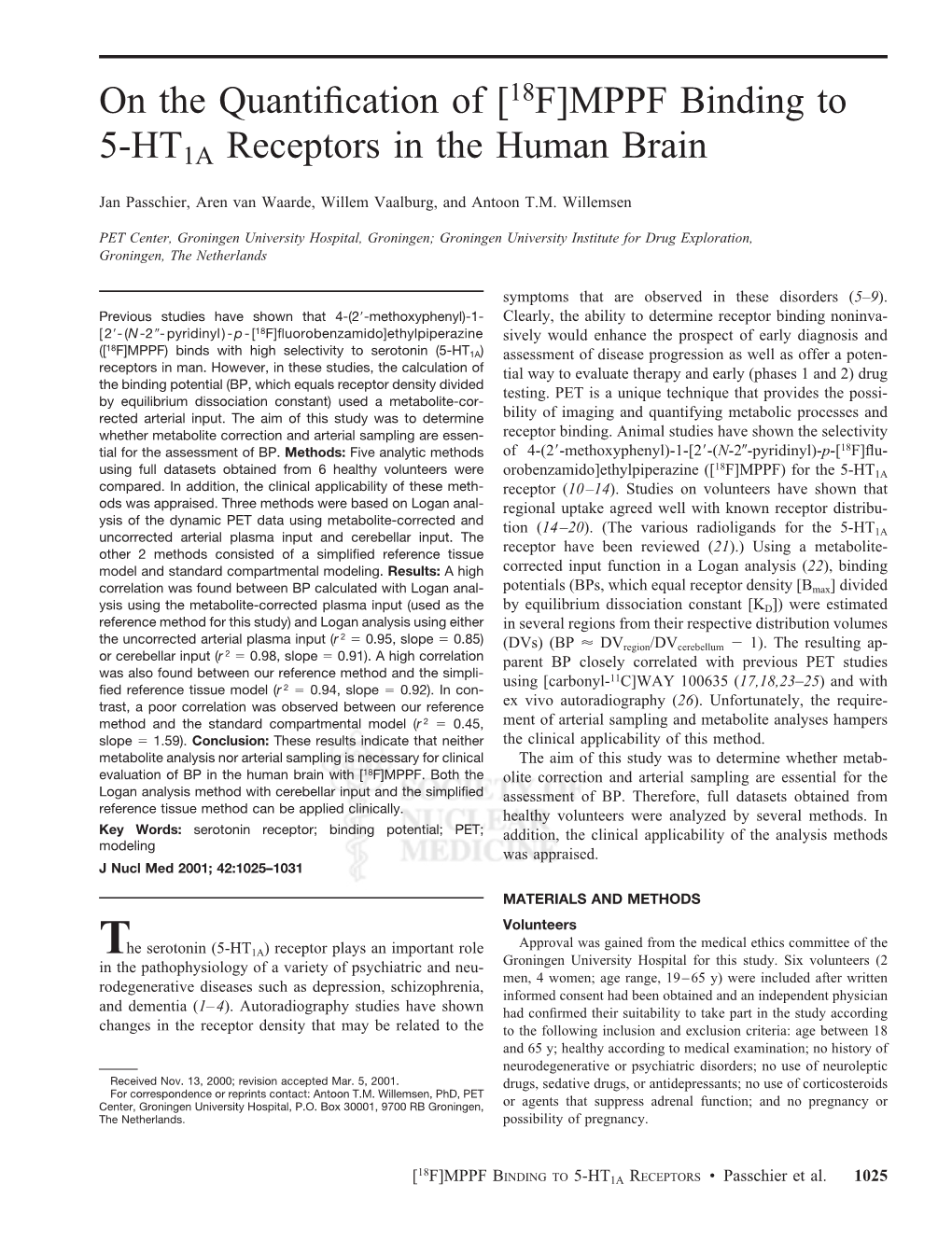 [18F]MPPF Binding to 5-HT1A Receptors in the Human Brain