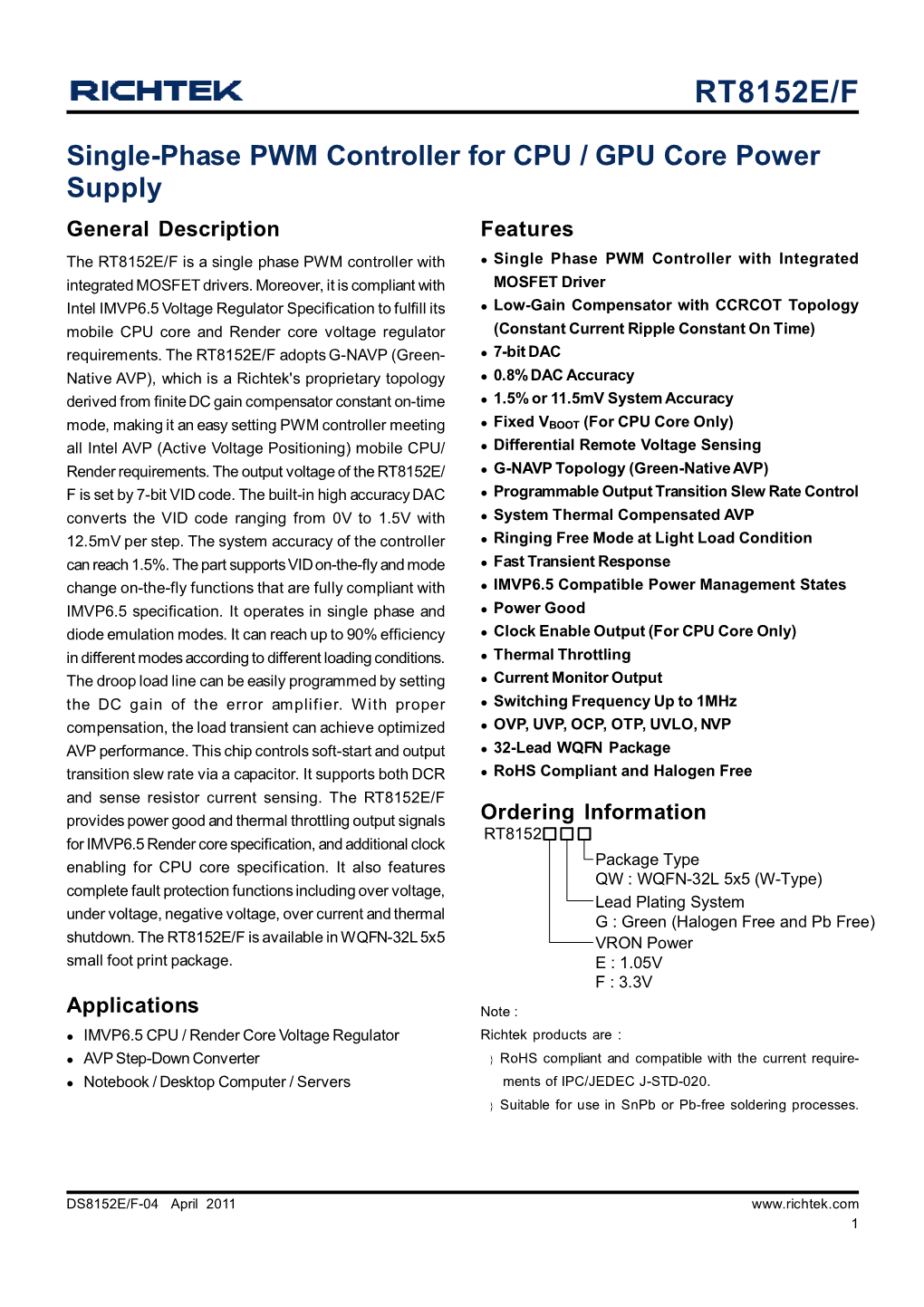 Single-Phase PWM Controller for CPU / GPU Core Power Supply General Description Features