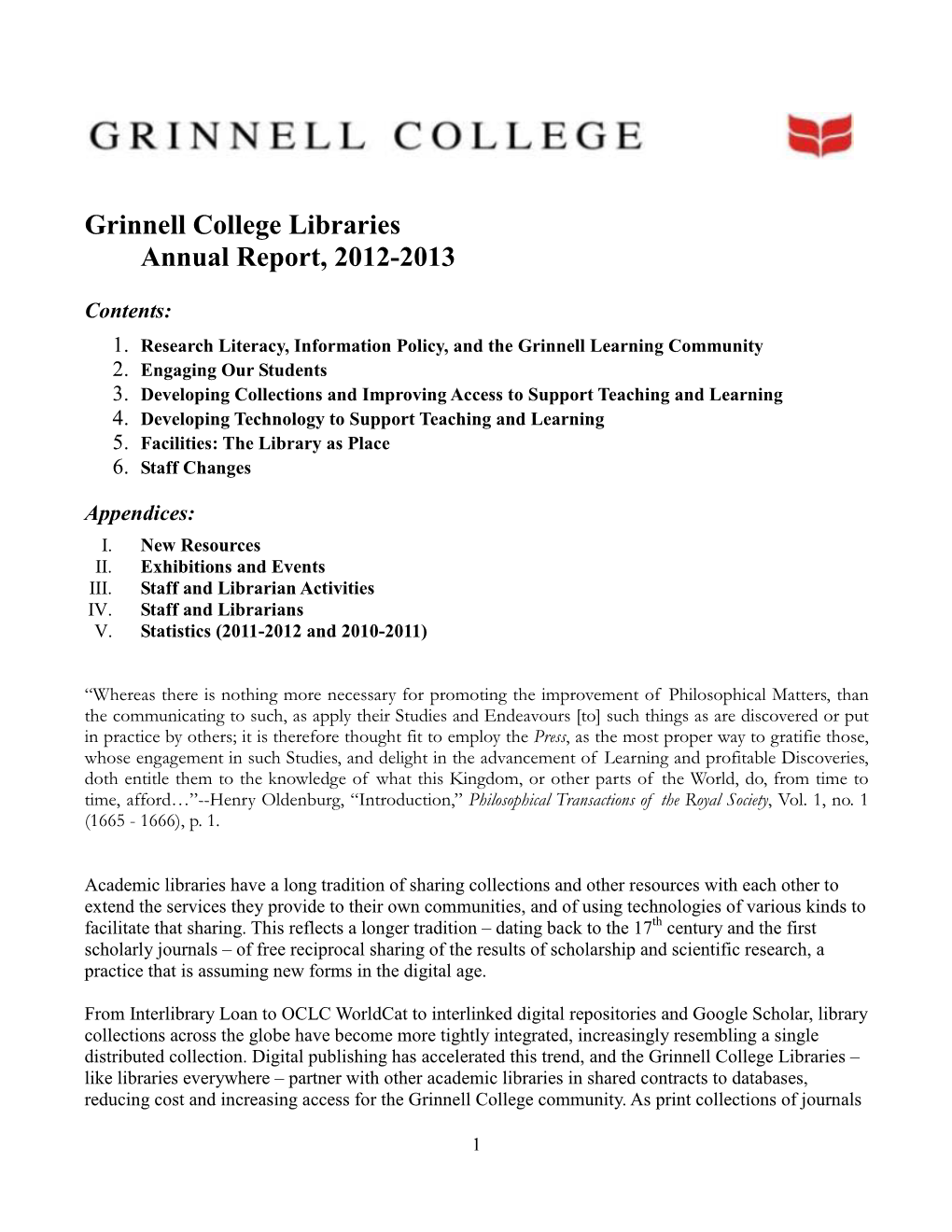 Grinnell College Libraries Annual Report, 2012-2013