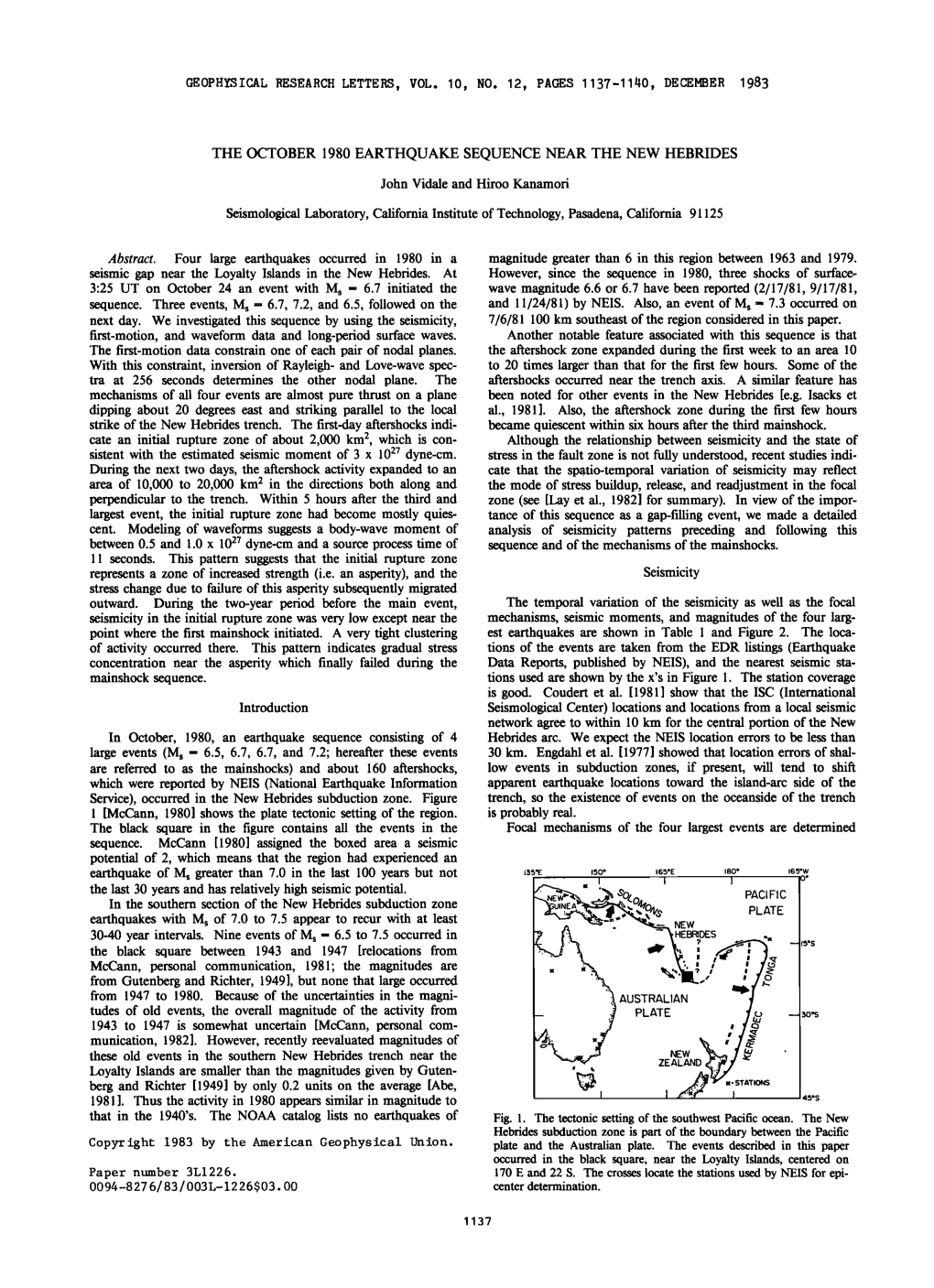 The October 1980 Earthquake Sequence Near the New Hebrides