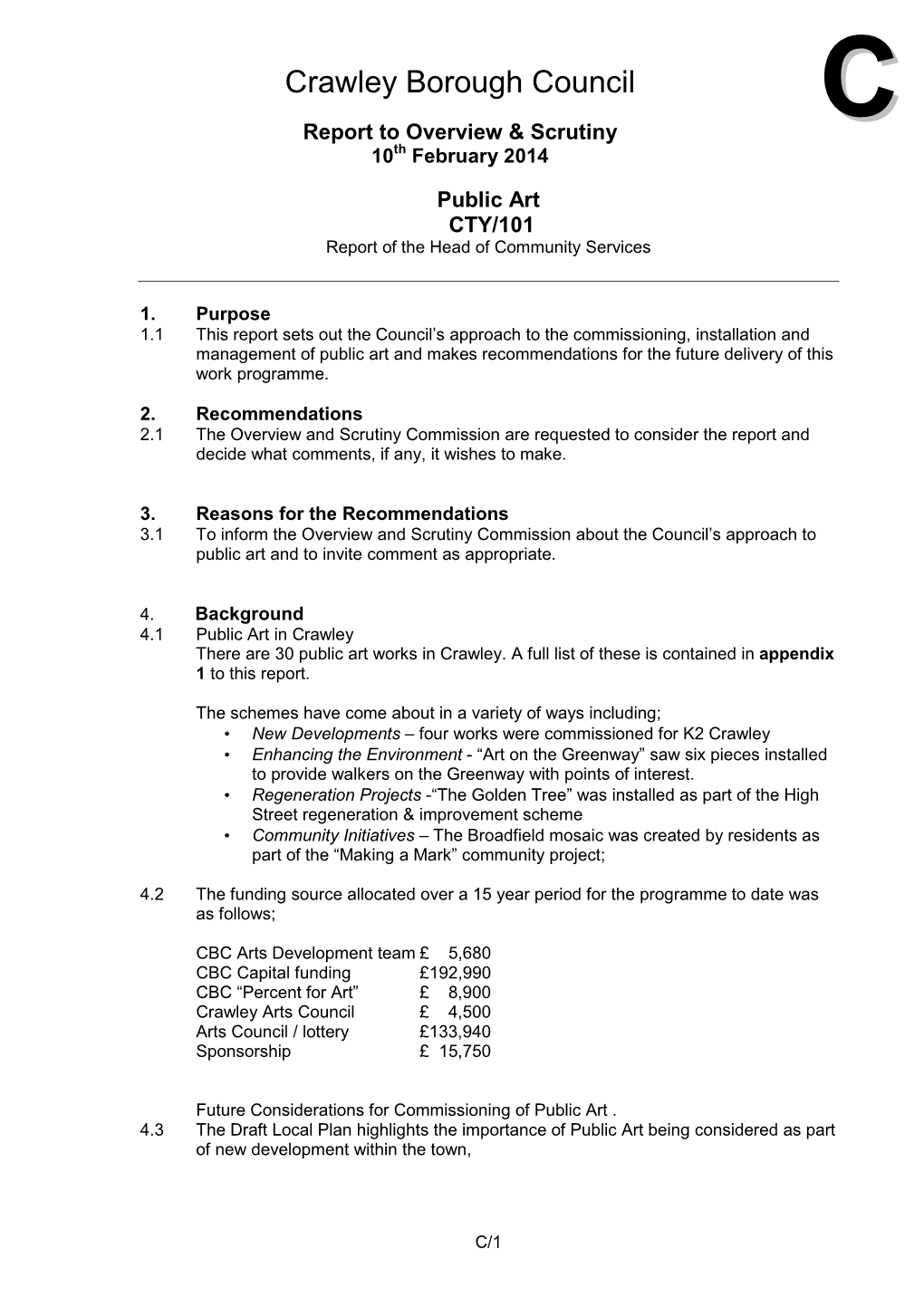 Crawley Borough Council CC Report to Overview & Scrutiny 10Th February 2014