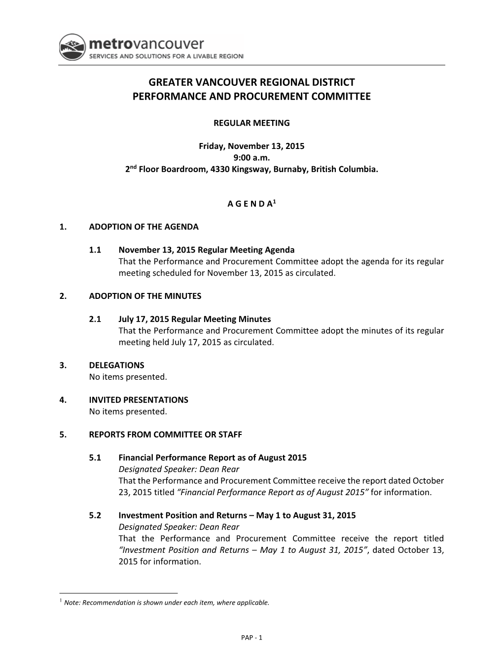 Performance and Procurement Committee Agenda November 13, 2015