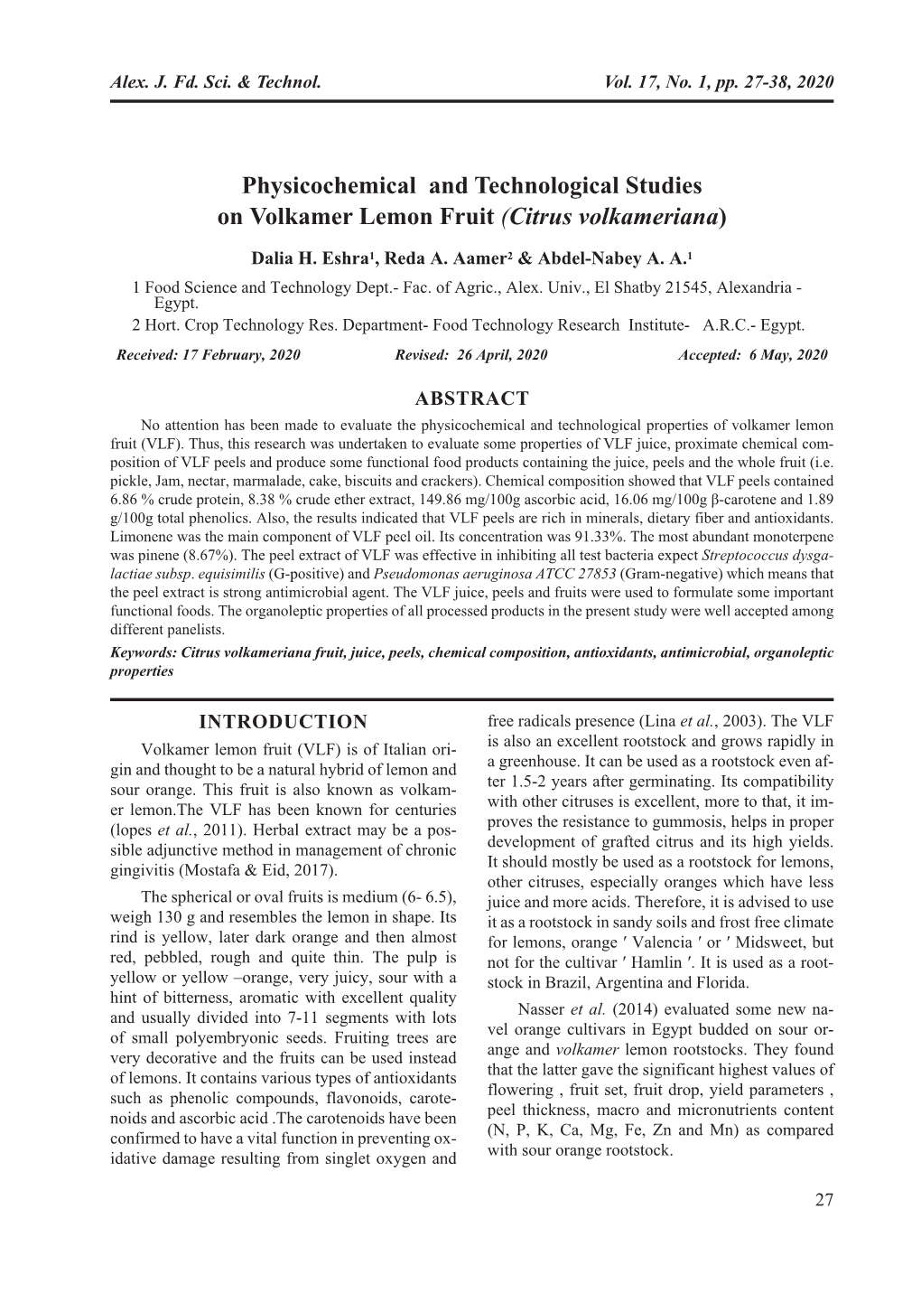 Physicochemical and Technological Studies on Volkamer Lemon Fruit (Citrus Volkameriana)