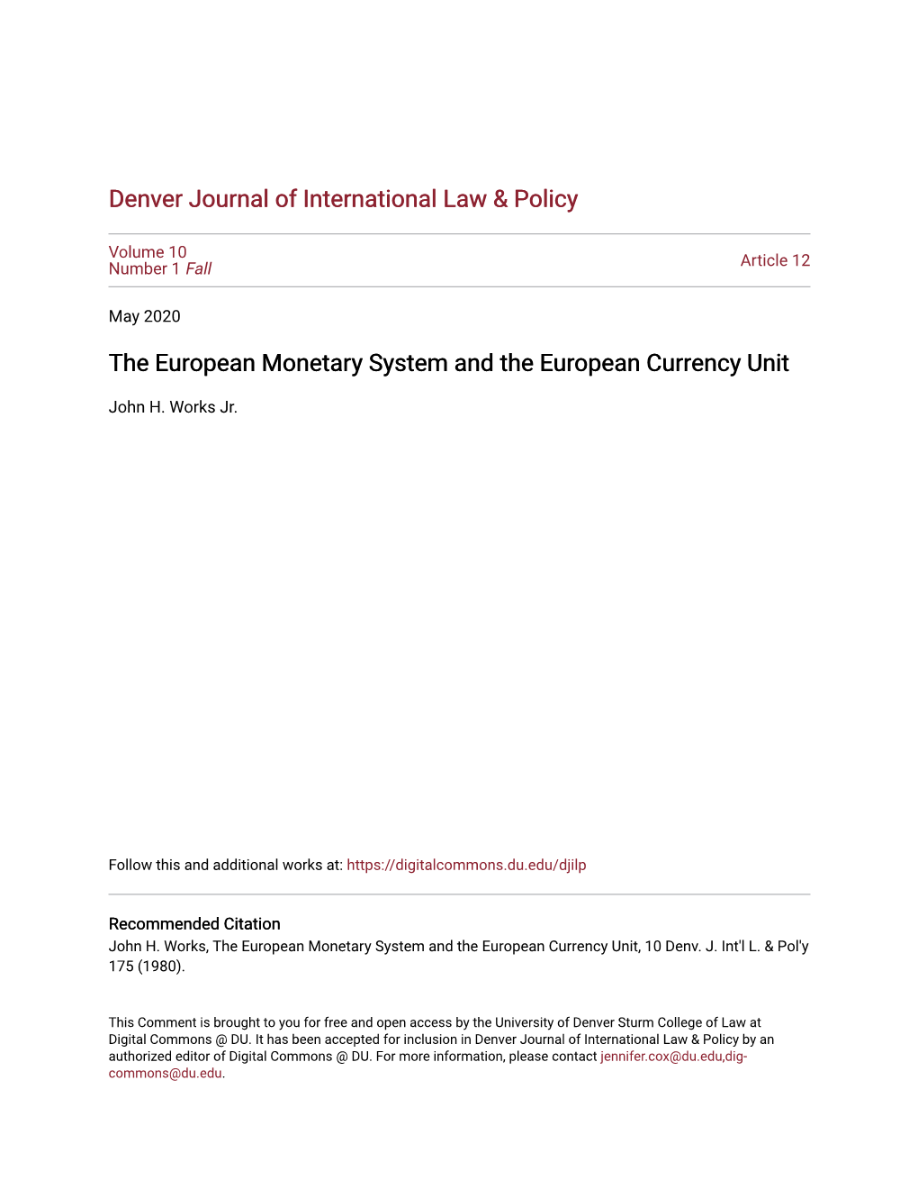 The European Monetary System and the European Currency Unit