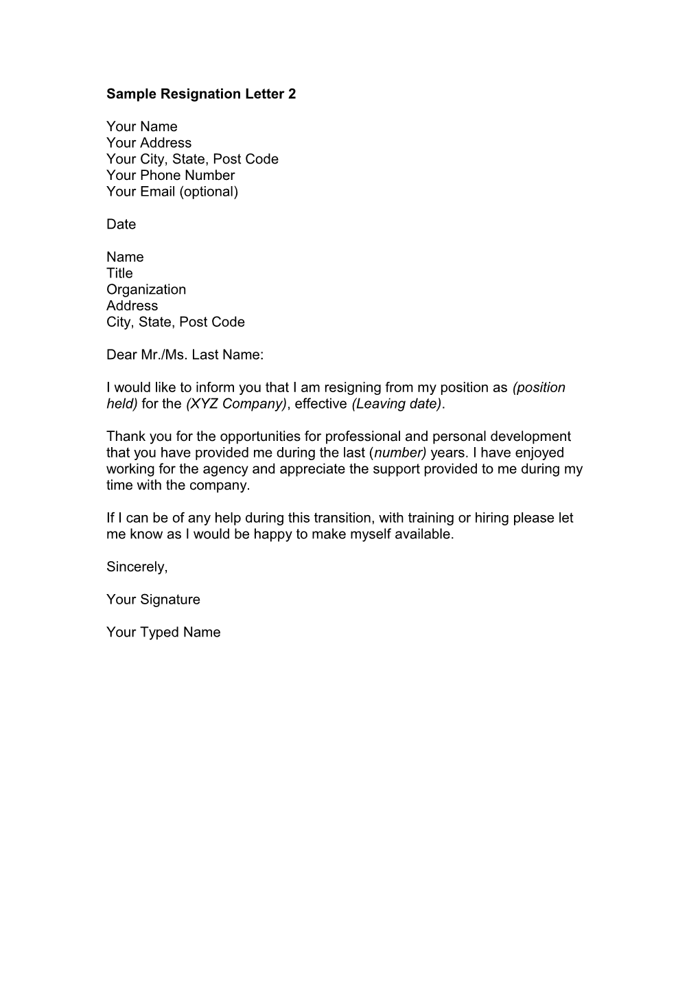 Sample Resignation Letter Two