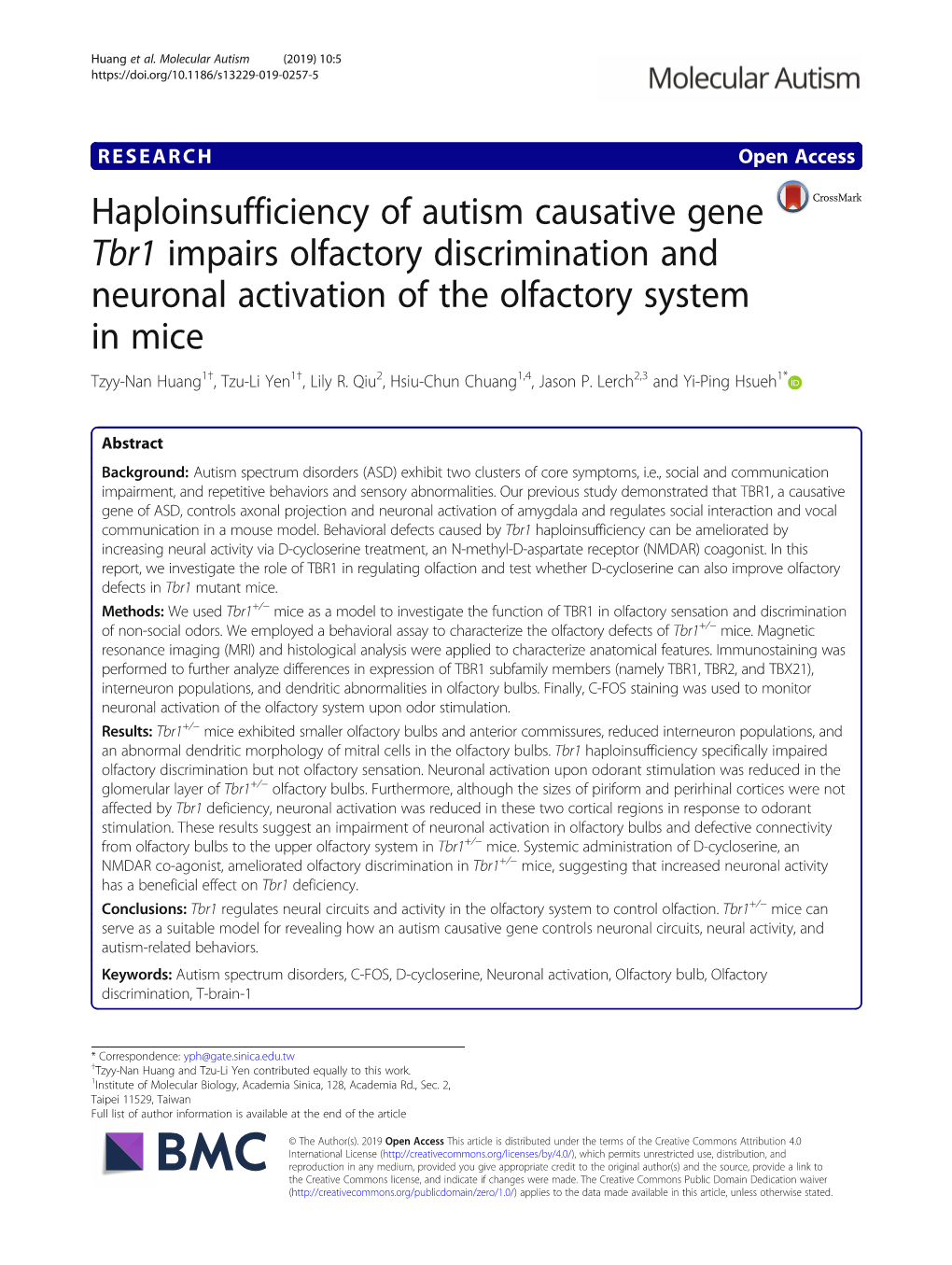 Haploinsufficiency of Autism Causative Gene Tbr1 Impairs Olfactory