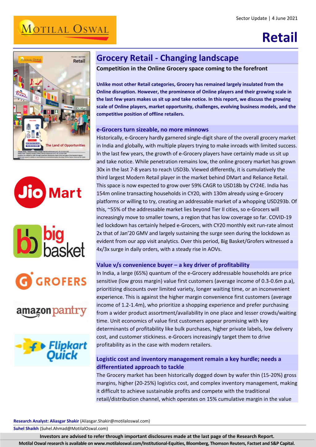 Grocery Retail - Changing Landscape Competition in the Online Grocery Space Coming to the Forefront