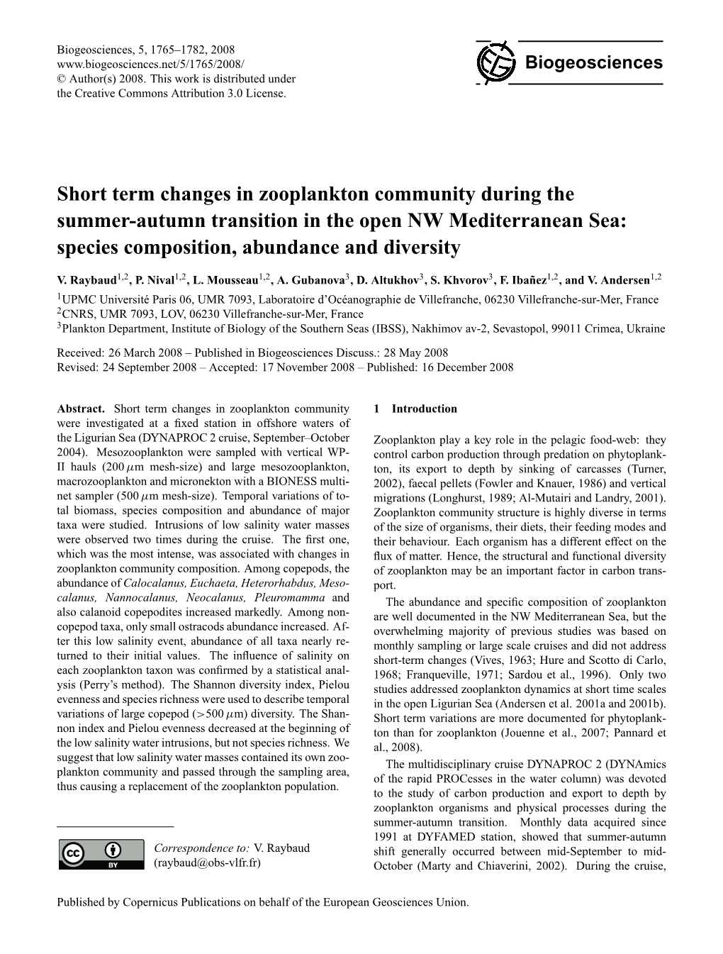 Short Term Changes in Zooplankton Community During the Summer-Autumn Transition in the Open NW Mediterranean Sea: Species Composition, Abundance and Diversity