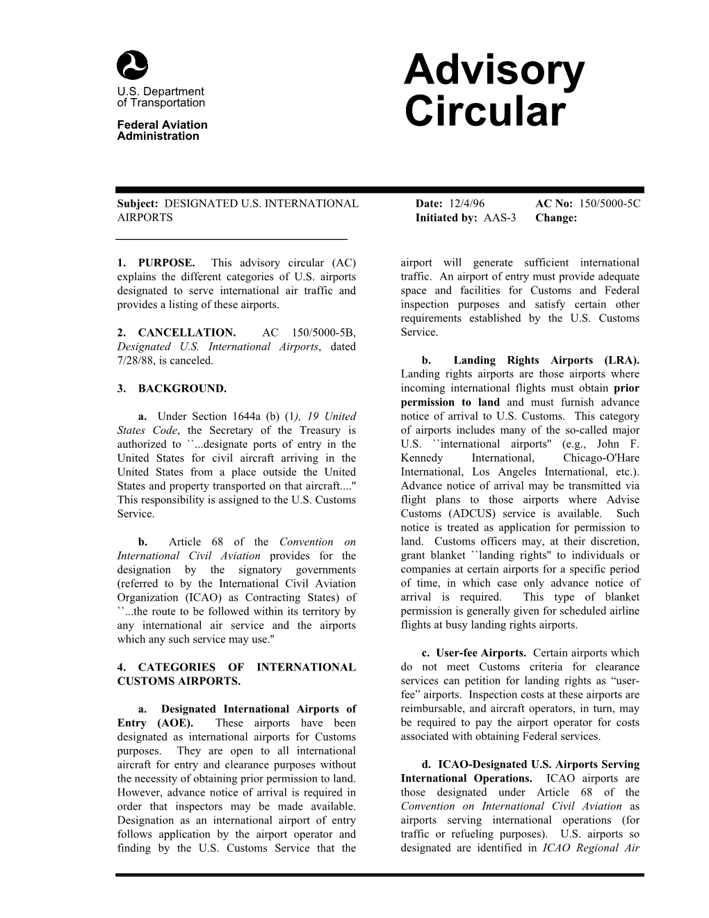 Advisory Circular (AC) Airport Will Generate Sufficient International Explains the Different Categories of U.S