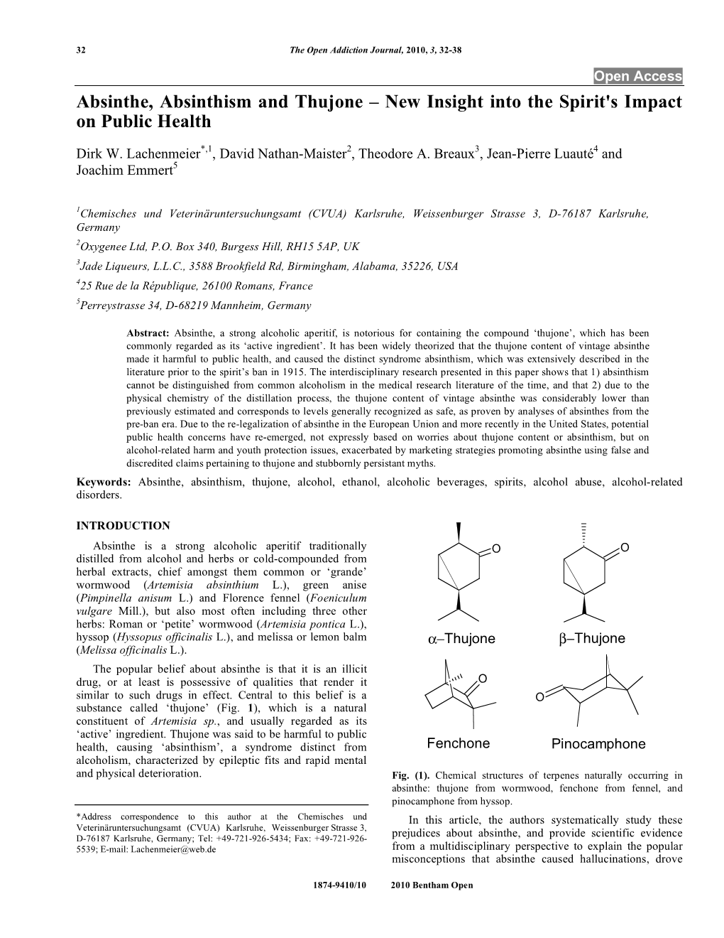 Absinthe, Absinthism and Thujone – New Insight Into the Spirit's Impact on Public Health