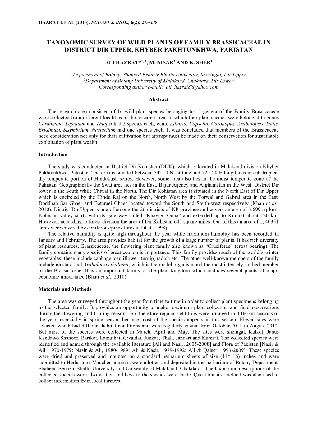 Taxonomic Survey of Wild Plants of Family Brassicaceae in District Dir Upper, Khyber Pakhtunkhwa, Pakistan