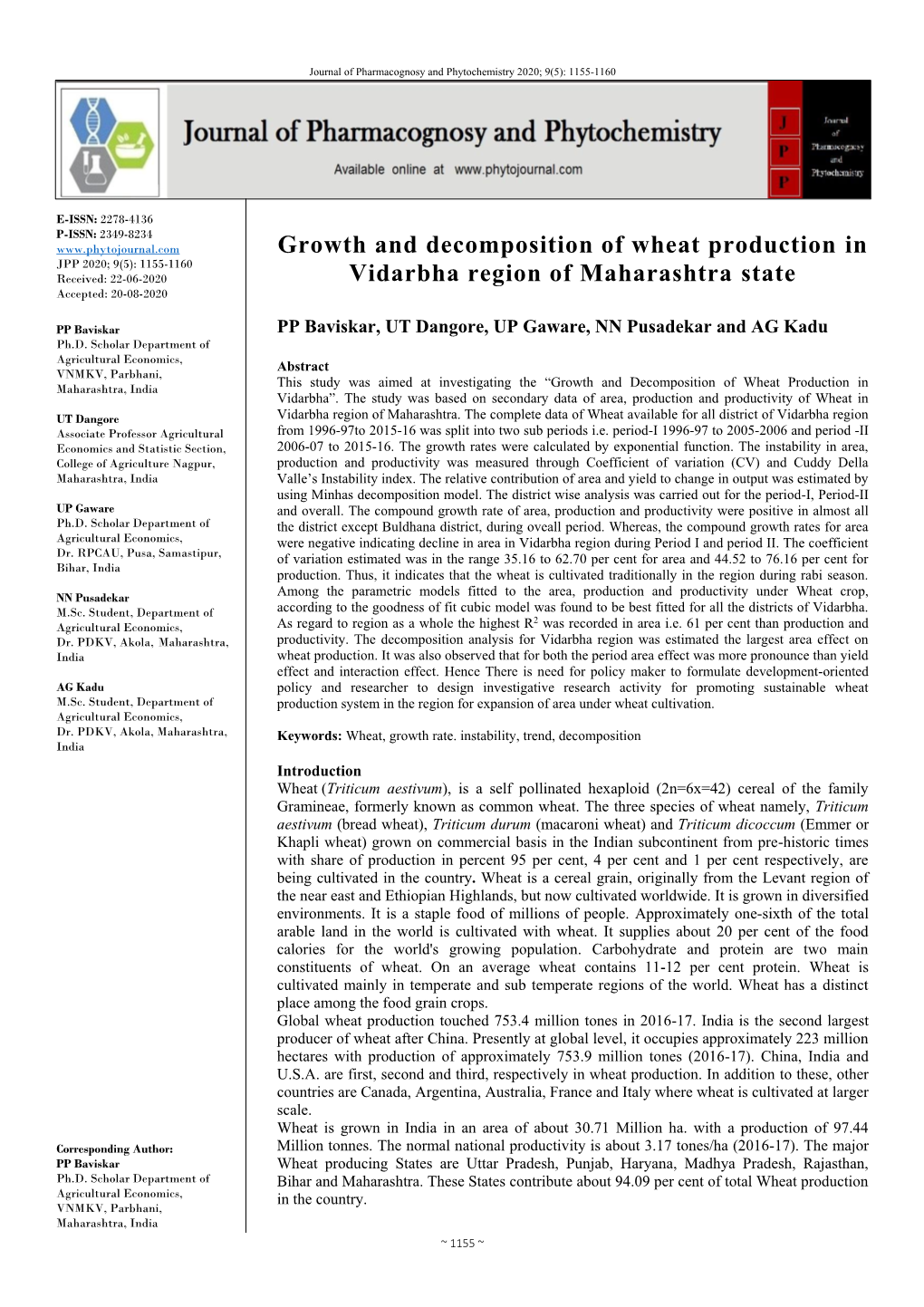 Growth and Decomposition of Wheat Production in Vidarbha Region Of