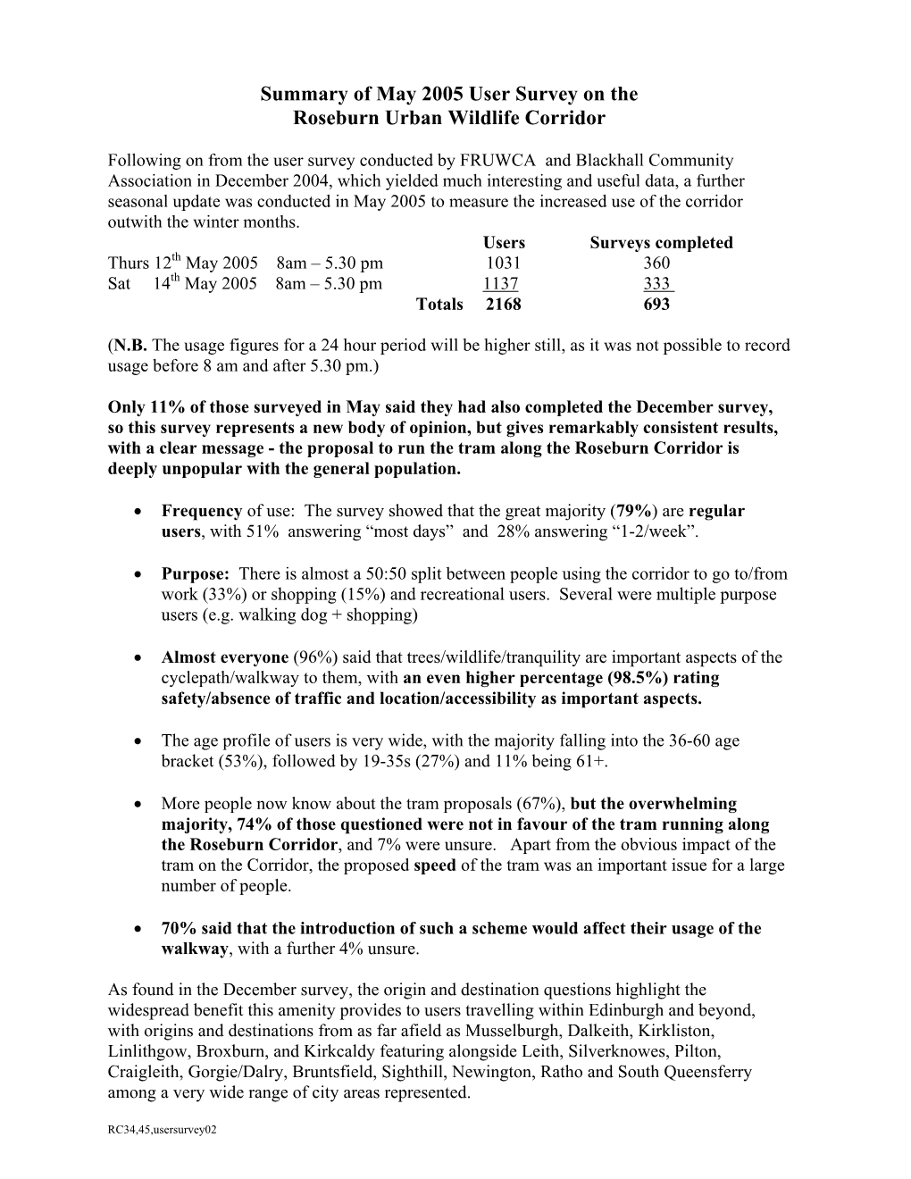 Summary of May 2005 User Survey on the Roseburn Urban Wildlife Corridor