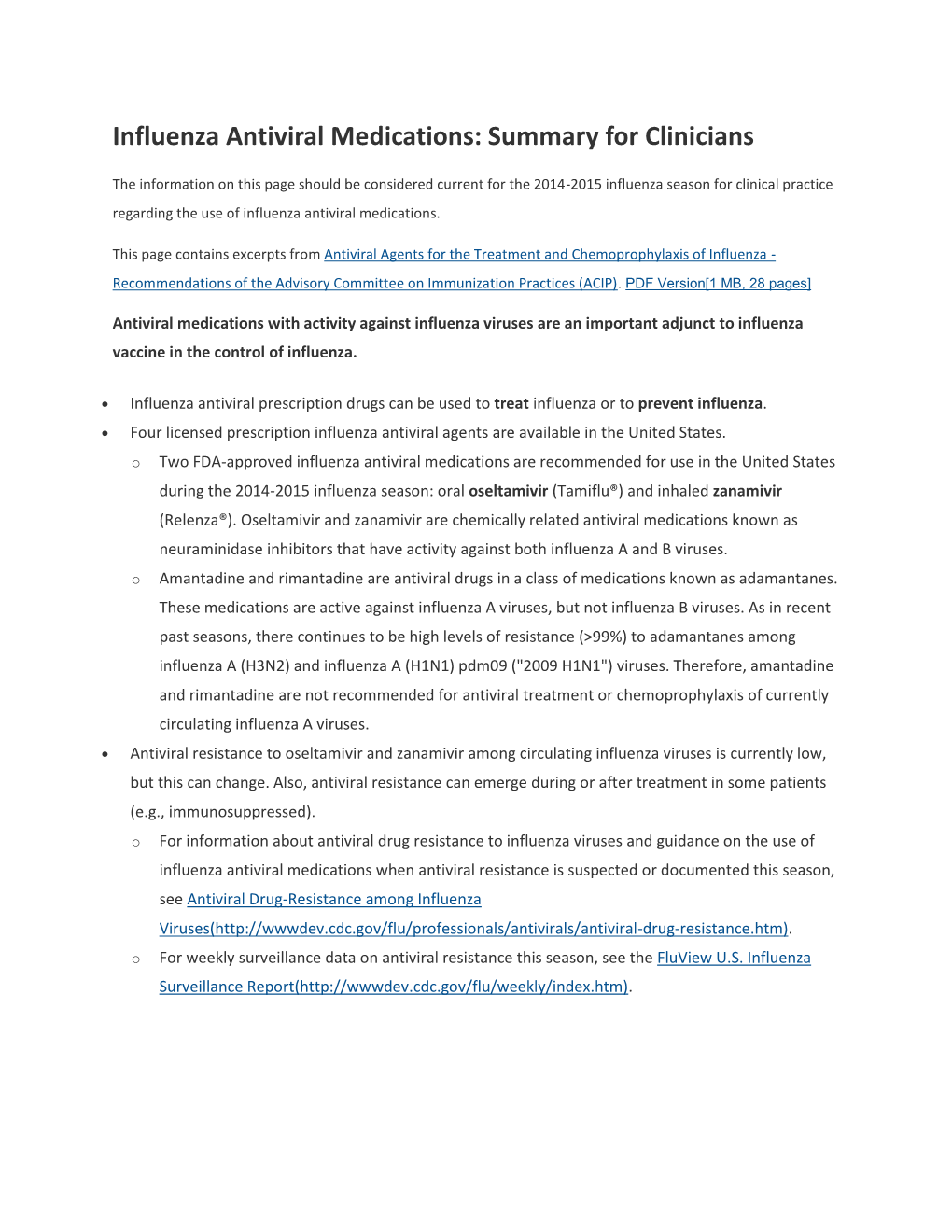 Influenza Antiviral Medications: Summary for Clinicians