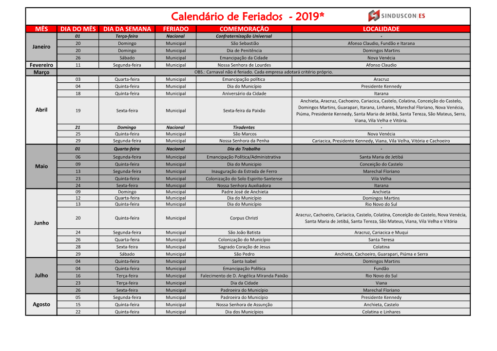 Calendário De Feriados