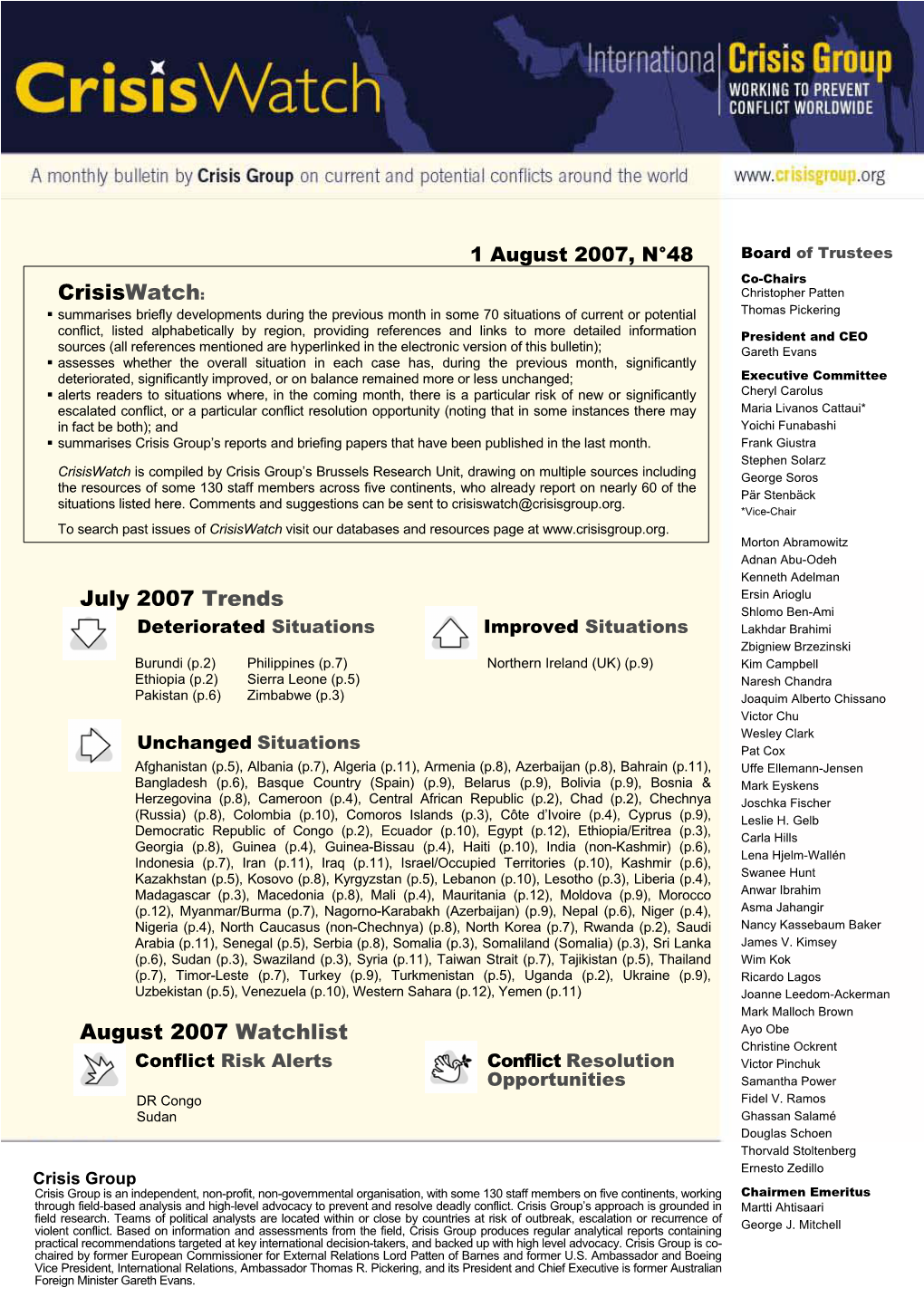 Crisiswatch: July 2007 Trends August 2007 Watchlist