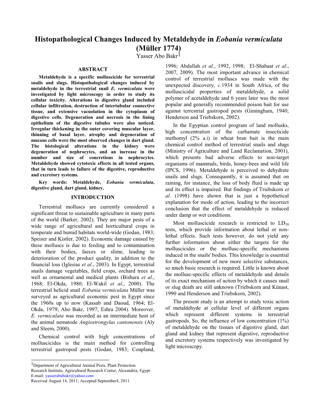 Müller 1774) Yasser Abo Bakr1 1996; Abdallah Et Al., 1992, 1998; El-Shahaat Et Al., ABSTRACT 2007, 2009)