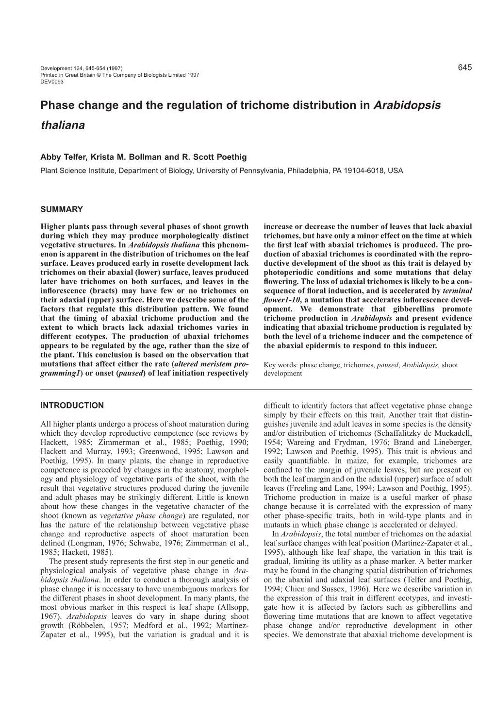 Phase Change and the Regulation of Trichome Distribution in Arabidopsis Thaliana