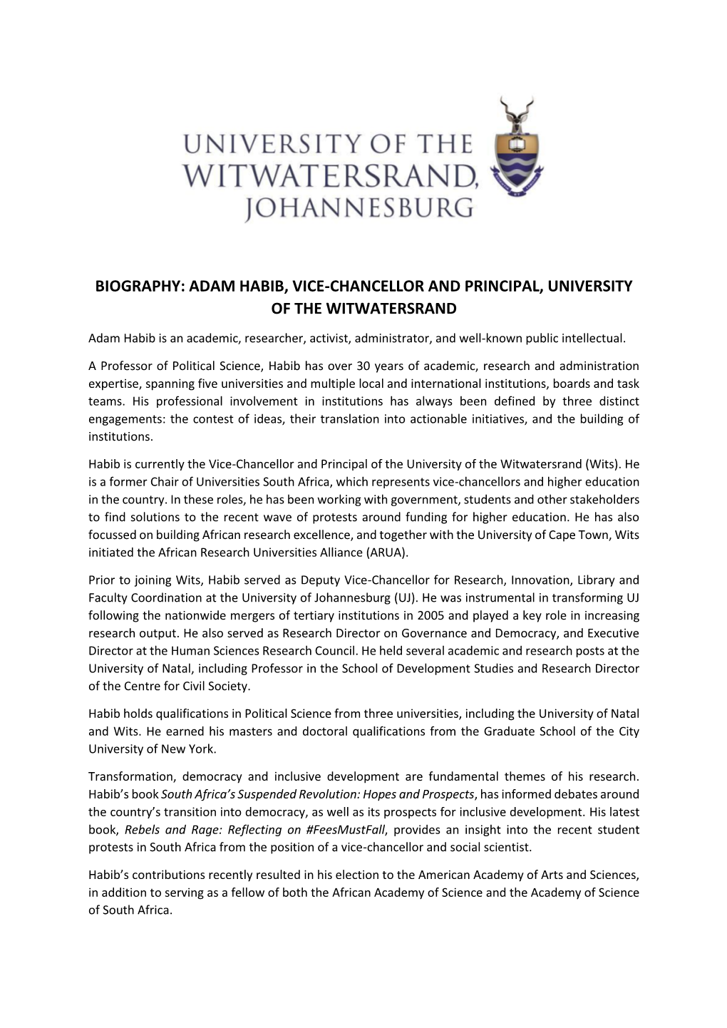 Biography: Adam Habib, Vice-Chancellor and Principal, University of the Witwatersrand