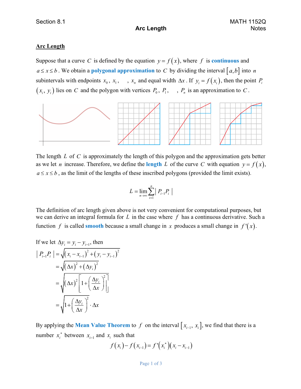 Notes Sec 8.1 Arc Length